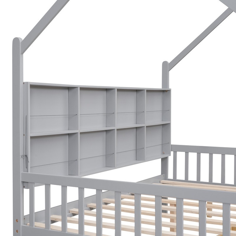 Wooden House Bed with 2 Drawers, Kids Bed with Storage Shelf