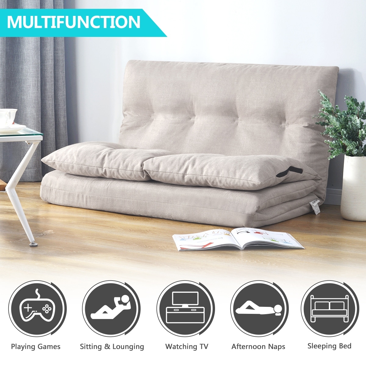 Adjustable Floor Sofa, Modern Fabric Chaise Lounge with 5 Levels
