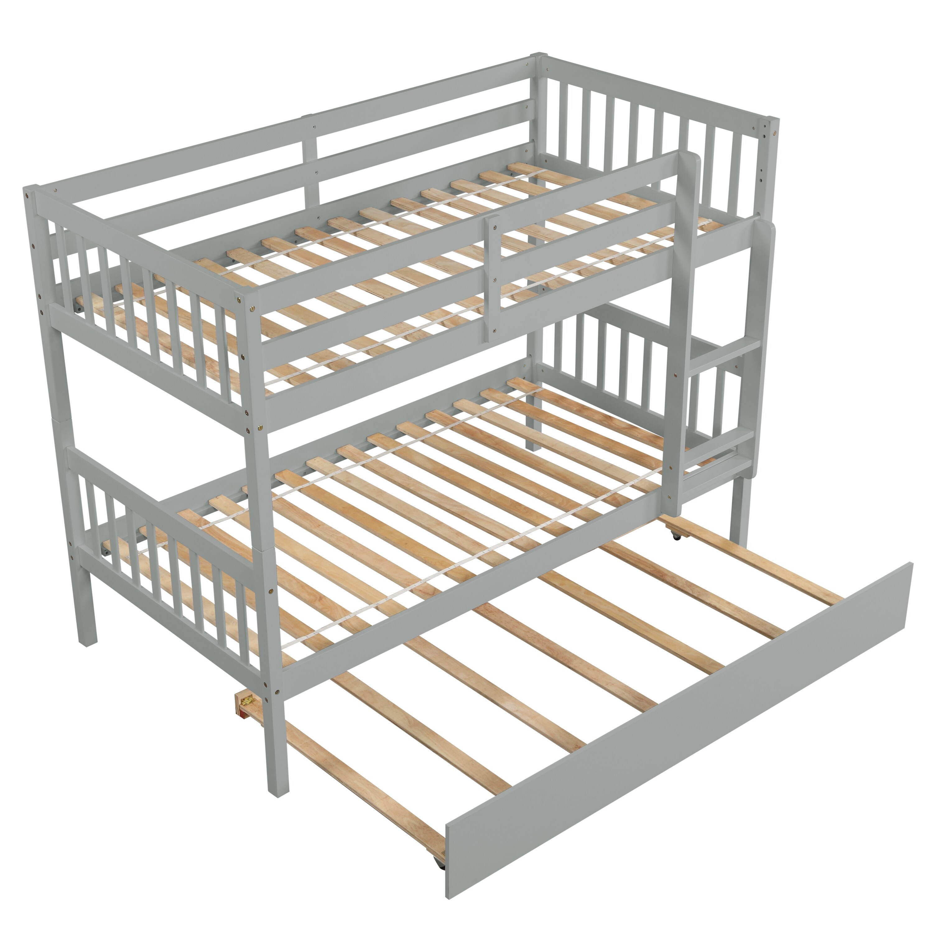 Twin Over Twin Bunk Beds with Trundle, Solid Wood Trundle Bed Frame with Safety Rail and Ladder, Kids/Teens Bedroom