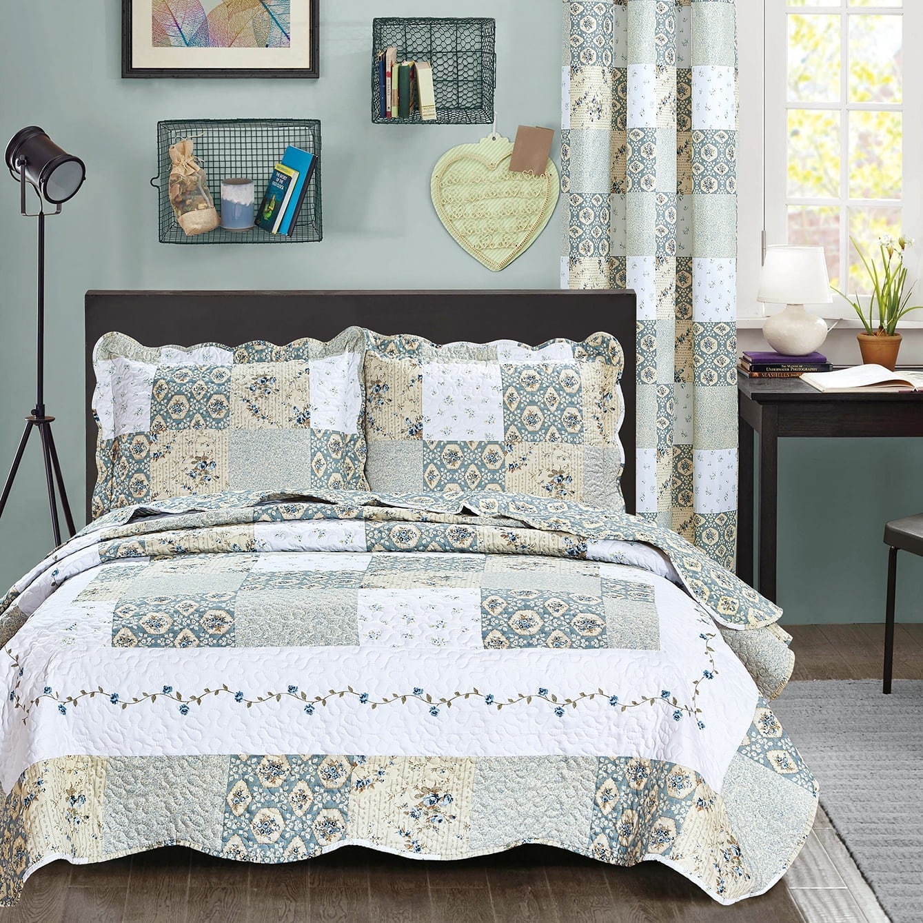 3pc Floral Printed Patchwork Blue/Green Bedspread/Quilt Set