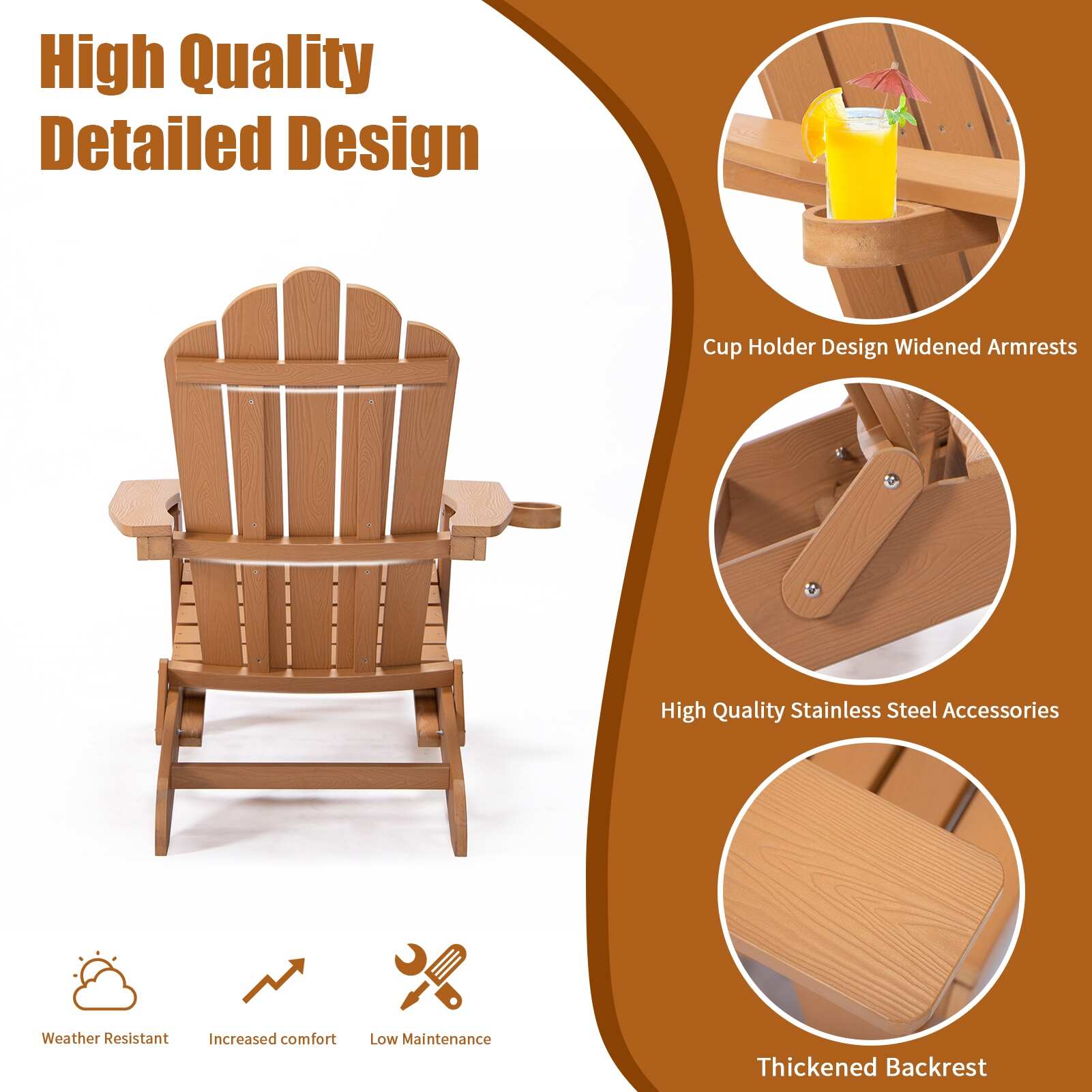 Outdoor Patio Garden Furniture, Adirondack Chair with Cup Holder, Retractable Footrest, Ergonomical Fanback & Folding Design