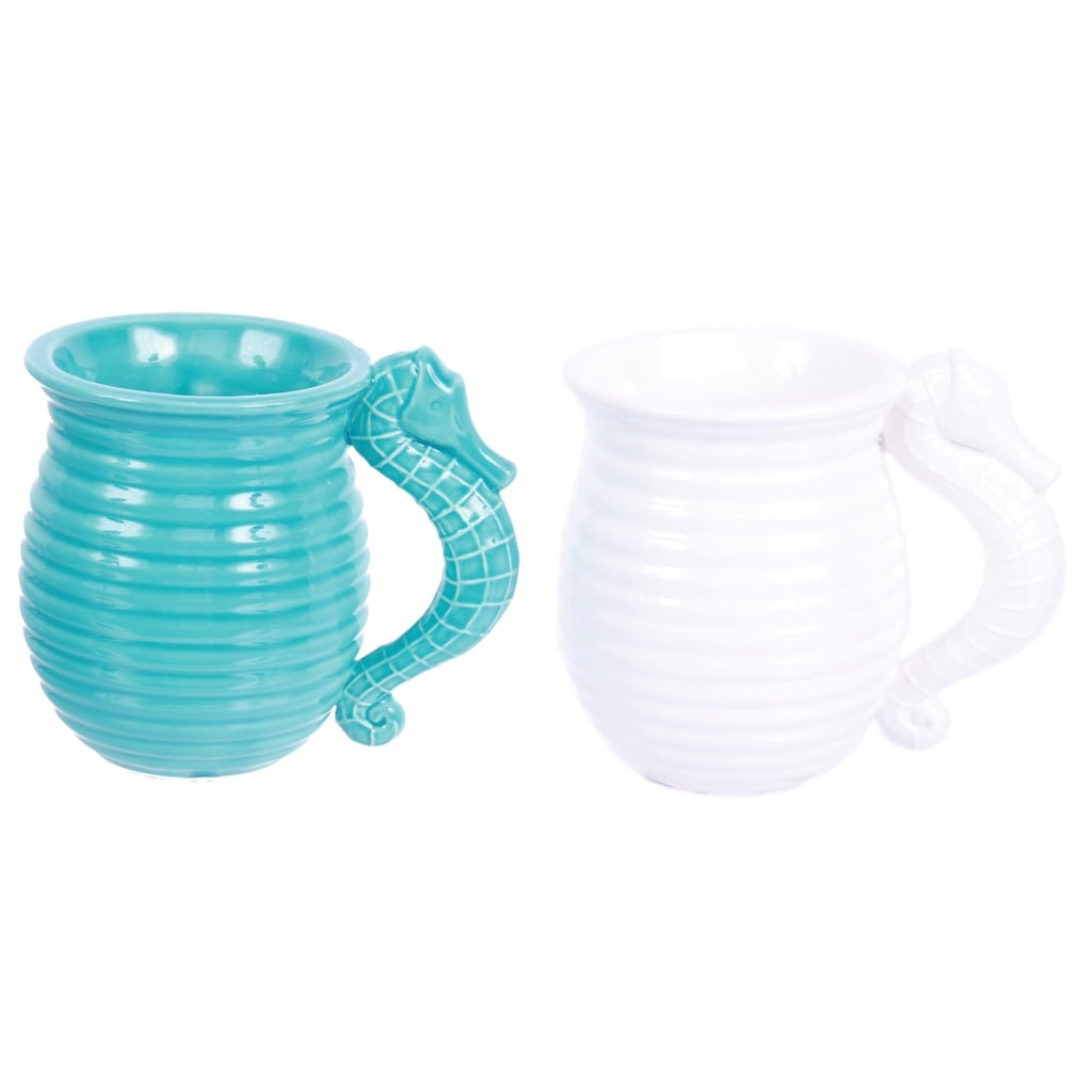 Blue and White Seahorse Handle Mugs 16 Ounces Set of 2 Embossed Ceramic - Blue and White