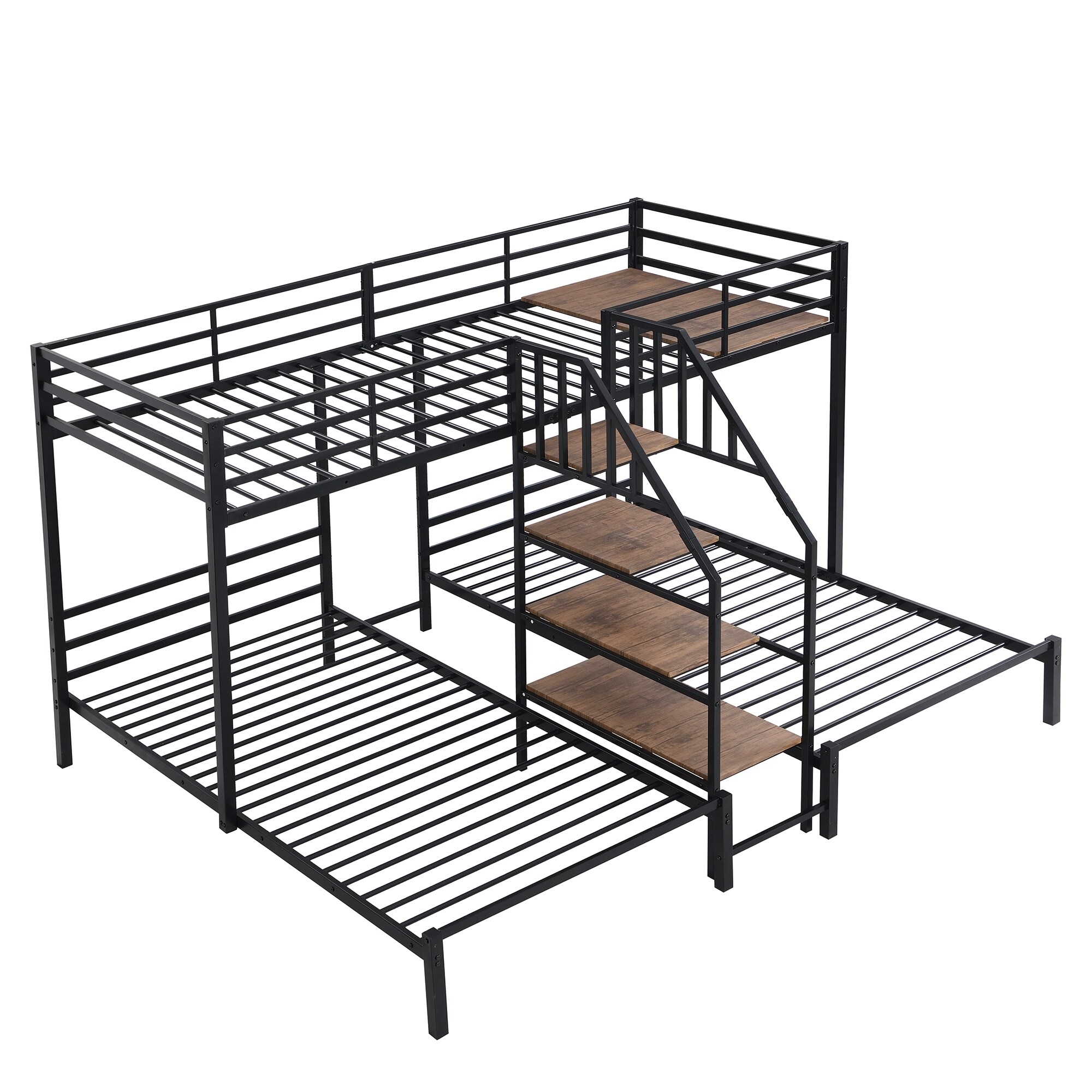 Triple Bunk Bed with Storage Shelves Staircase, Heavy-Duty Metal Frame, 3 Beds in 1 Twin Over Twin&Twin, Space Saving Design