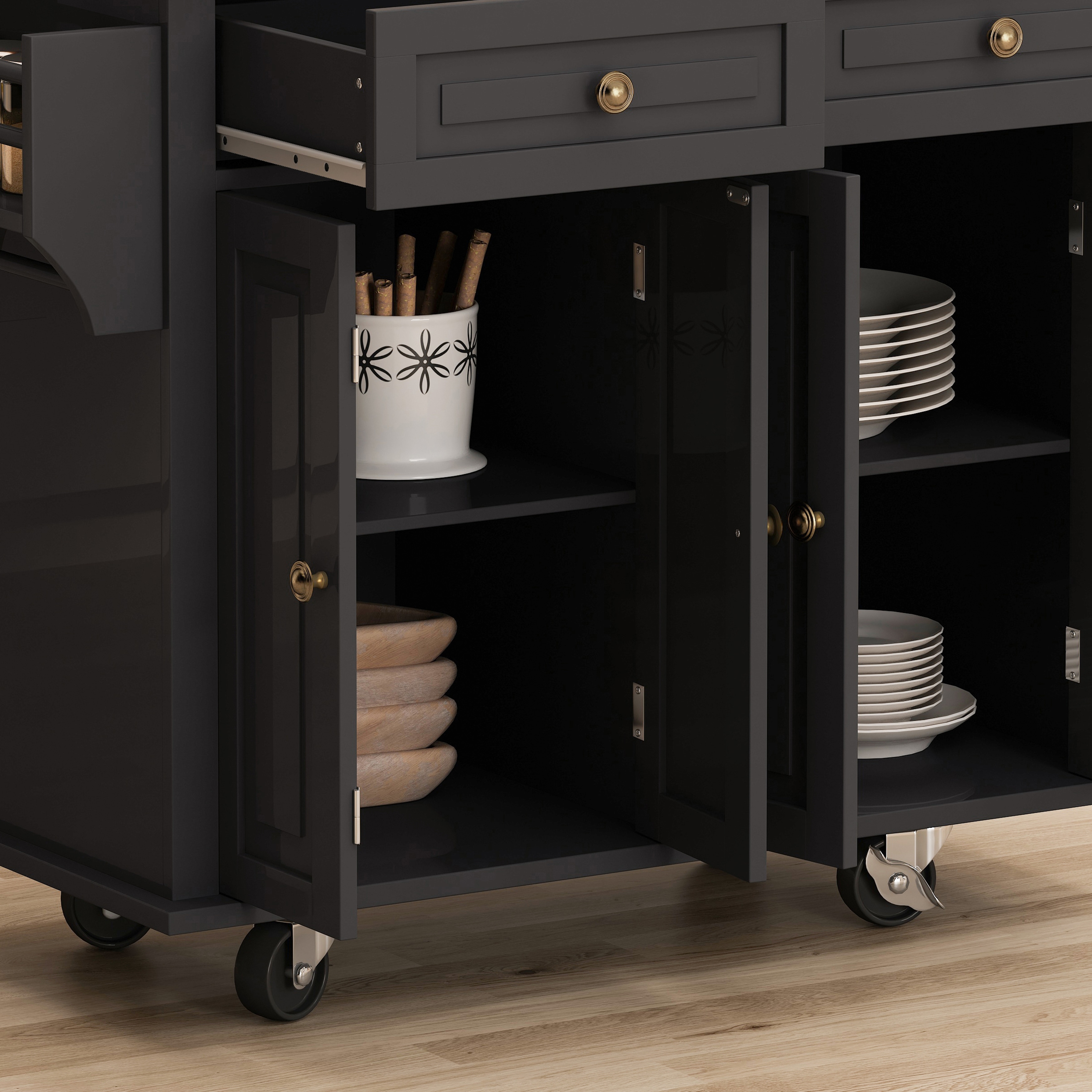 43.31 Inch Kitchen Island Cart with 4 Door Cabinet and Two Drawers（Black）