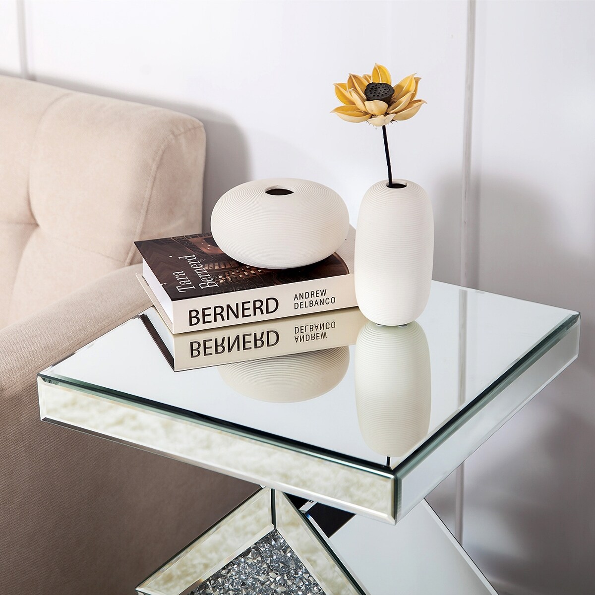 Rectangular Mirrored Glass End Table Modern Silver Accent Table