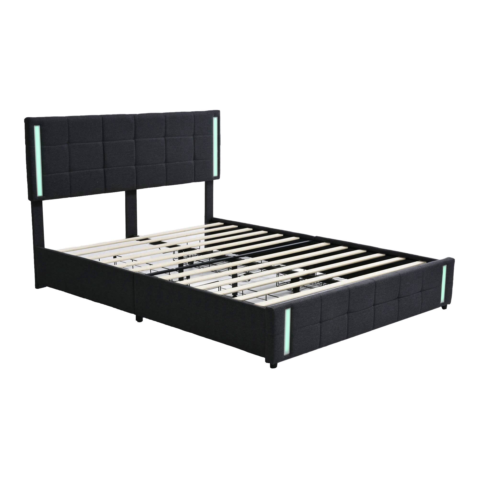 Queen Size Upholstered Platform Bed with LED Lights and 4 Drawers