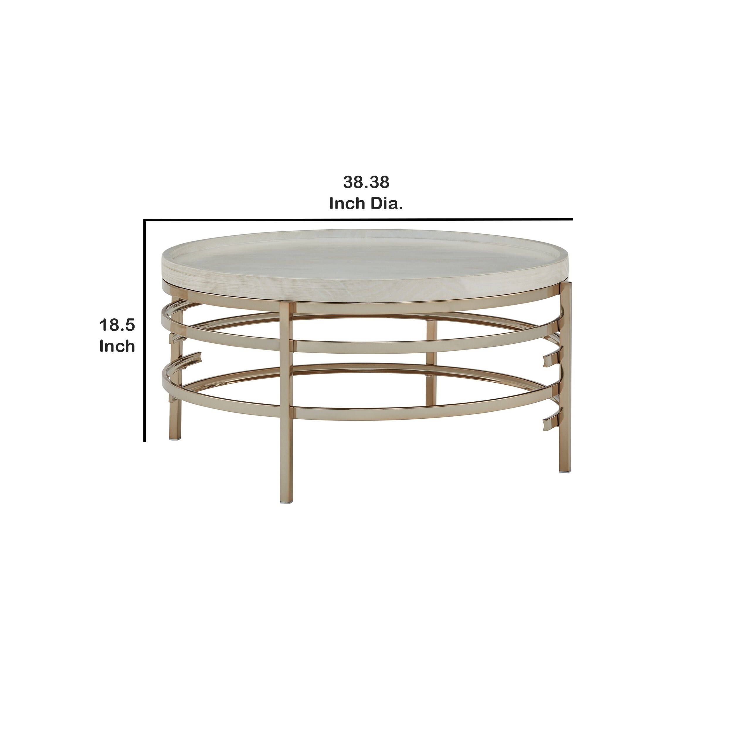 Modern 38 Inch Coffee Table, Pine Wood, Rounded Accents, Gold Metal Base
