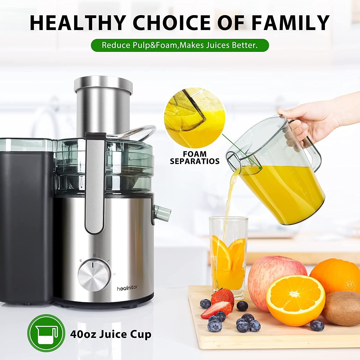 1000W 3-SPEED LED Centrifugal Juicer Machines Vegetable and Fruit, Juice Extractor with Stainless Steel