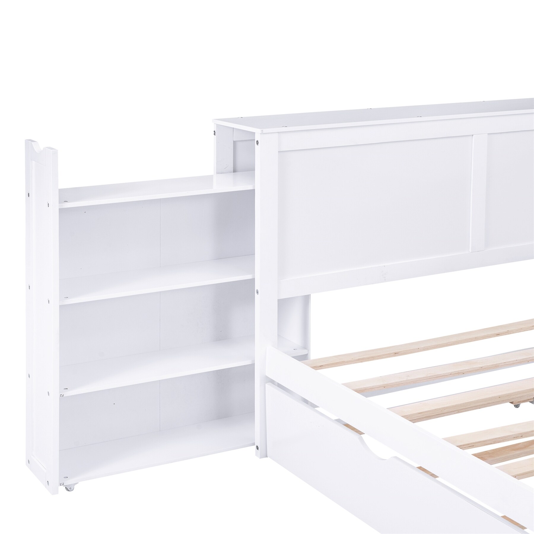 Queen Size Platform Bed with Pull Out Shelves and Twin Size Trundle