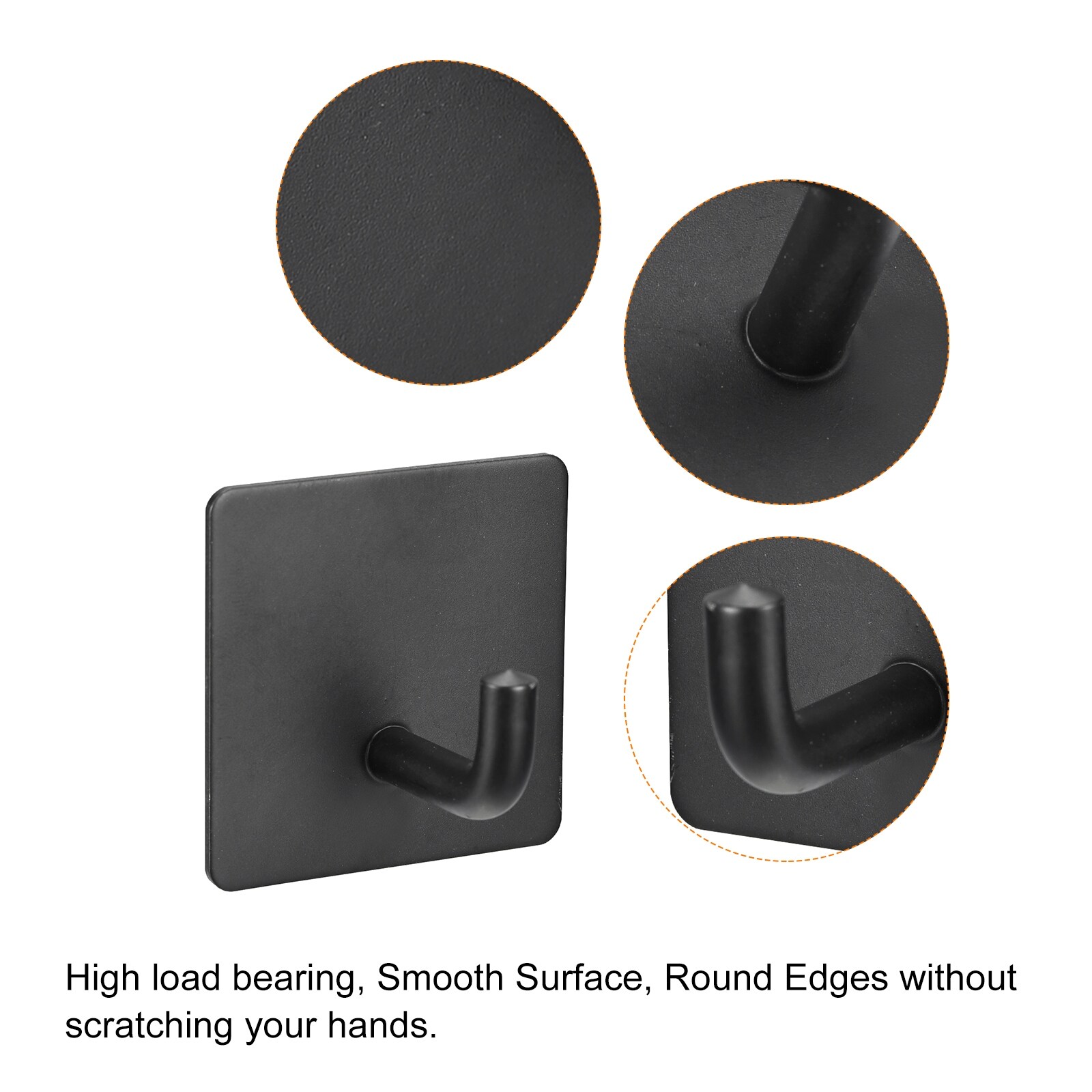 Self Adhesive Wall Hooks, 304 Stainless Steel Sticky Hooks Hanger 2Pcs - Black