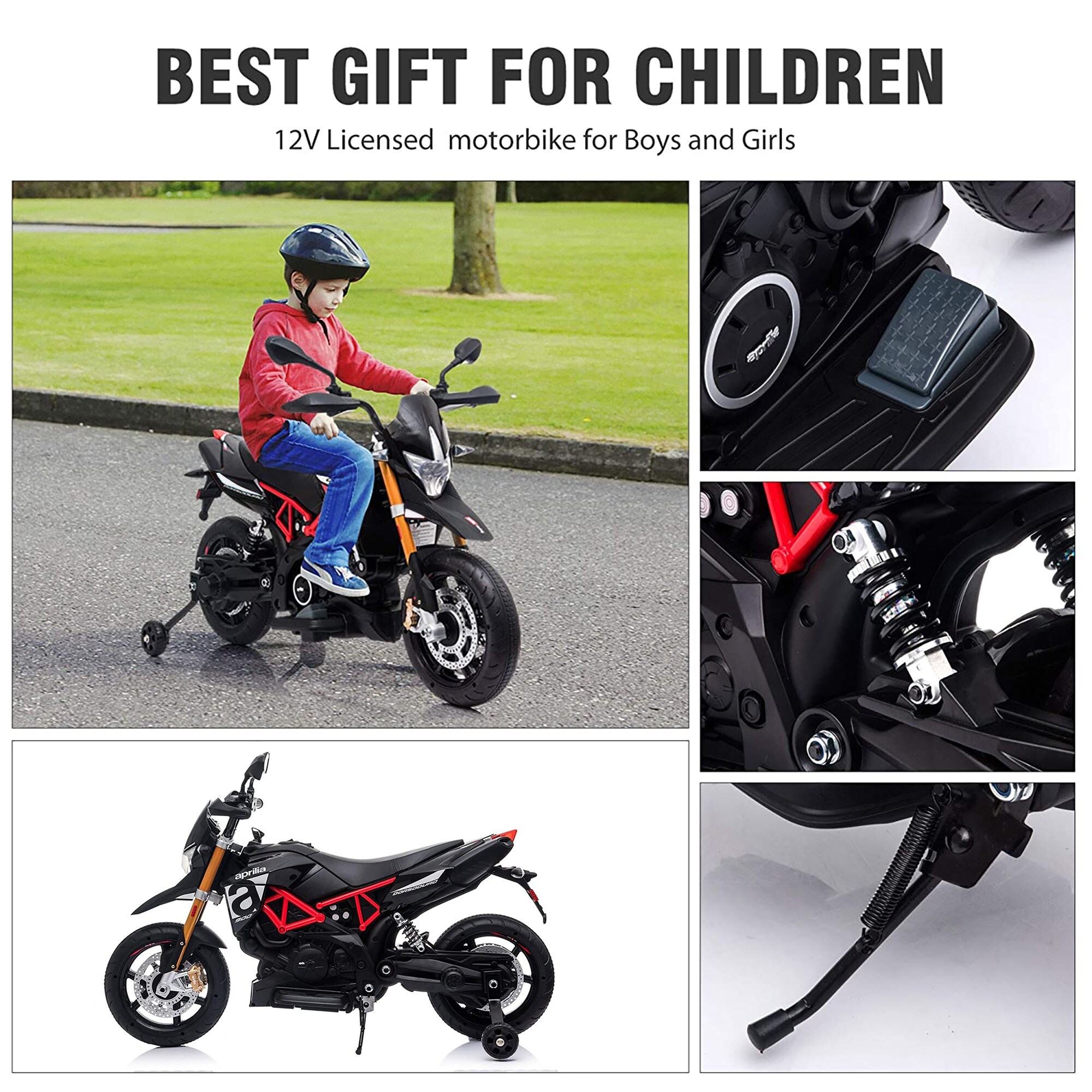 TOBBI Battery Powered Ride On Aprilia Motorcycle for Ages 3 Years and Up, Black - 22