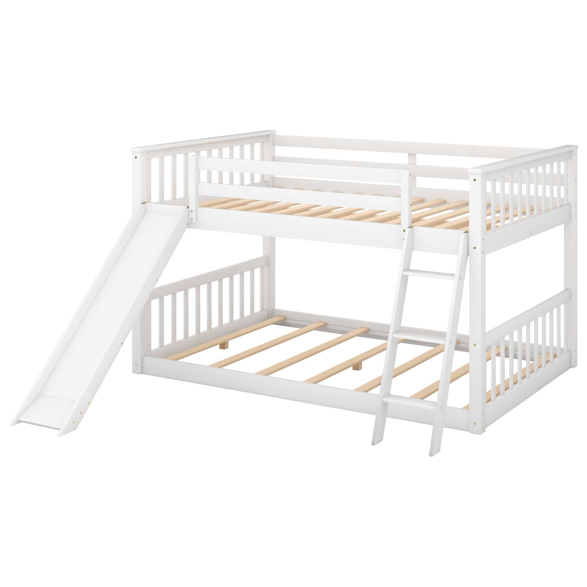 Full Over Full Low Bunk Bed with Convertible Slide and Ladder, Guardrail, Bedroom Guestroom Funiture for Kids Teens