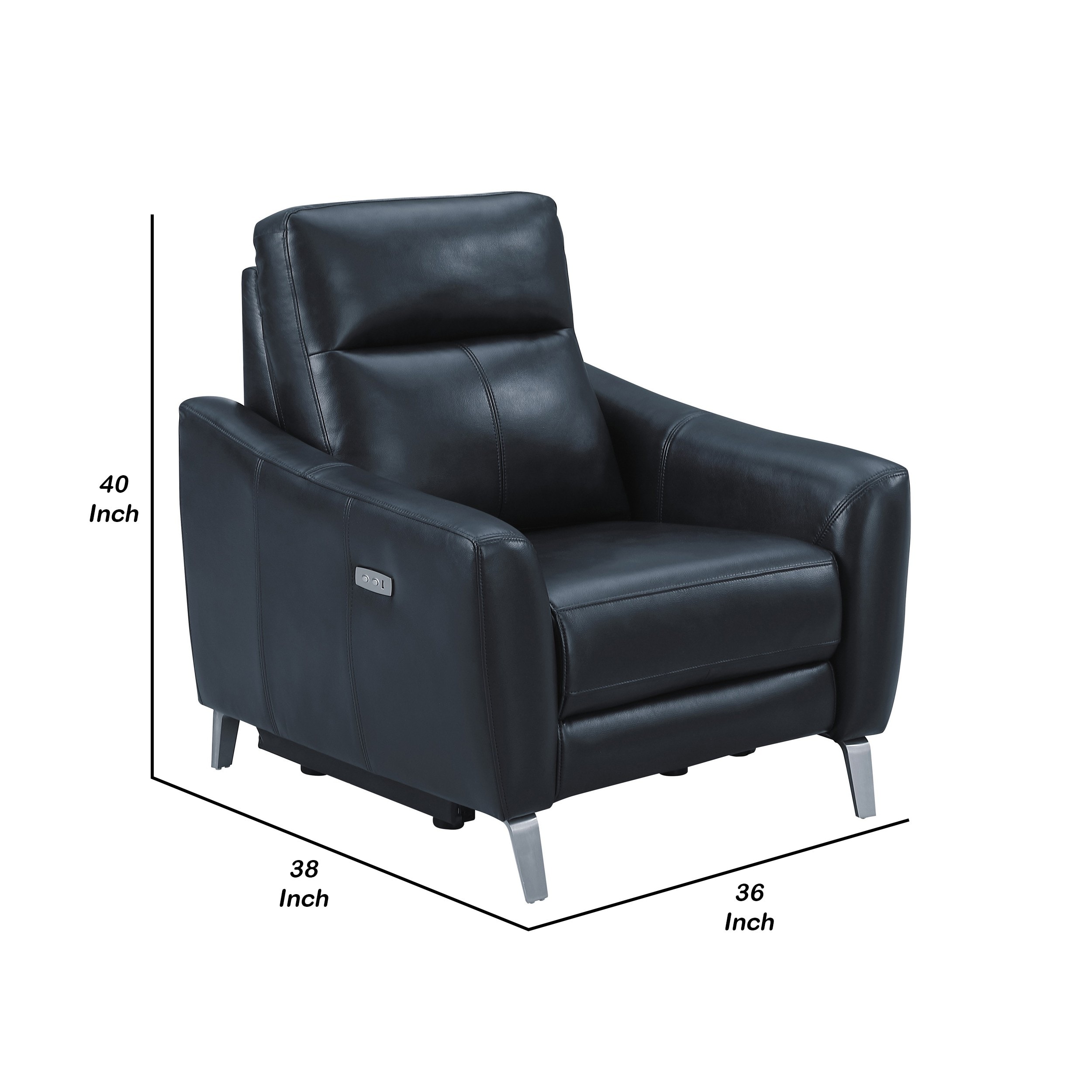 Earl 36 Inch Power Recliner, Vegan Faux Leather, USB Ports, Navy Blue