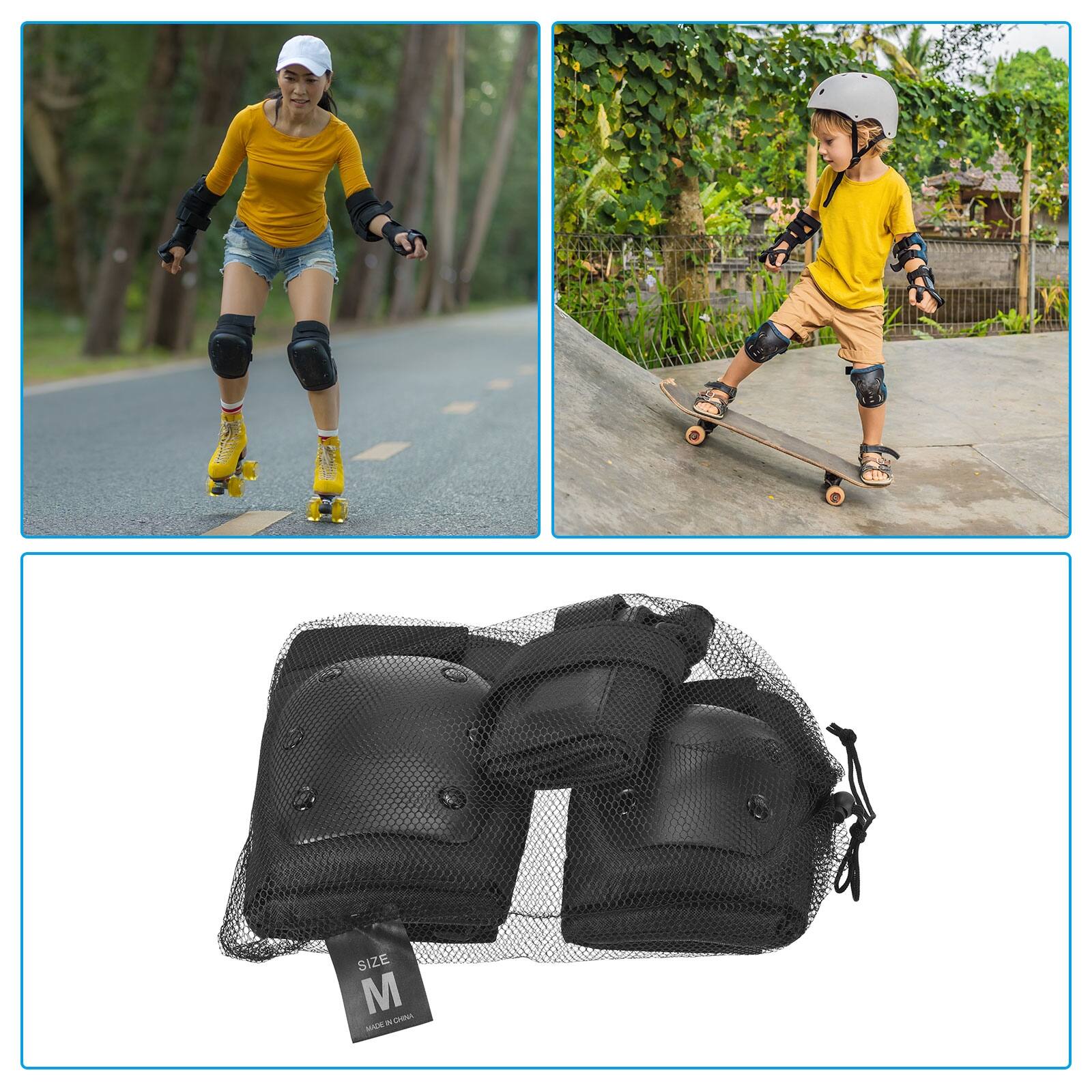 3 in 1 Knee Pads Elbow Pads Wrist Guards Set for Skateboarding, M Size Black