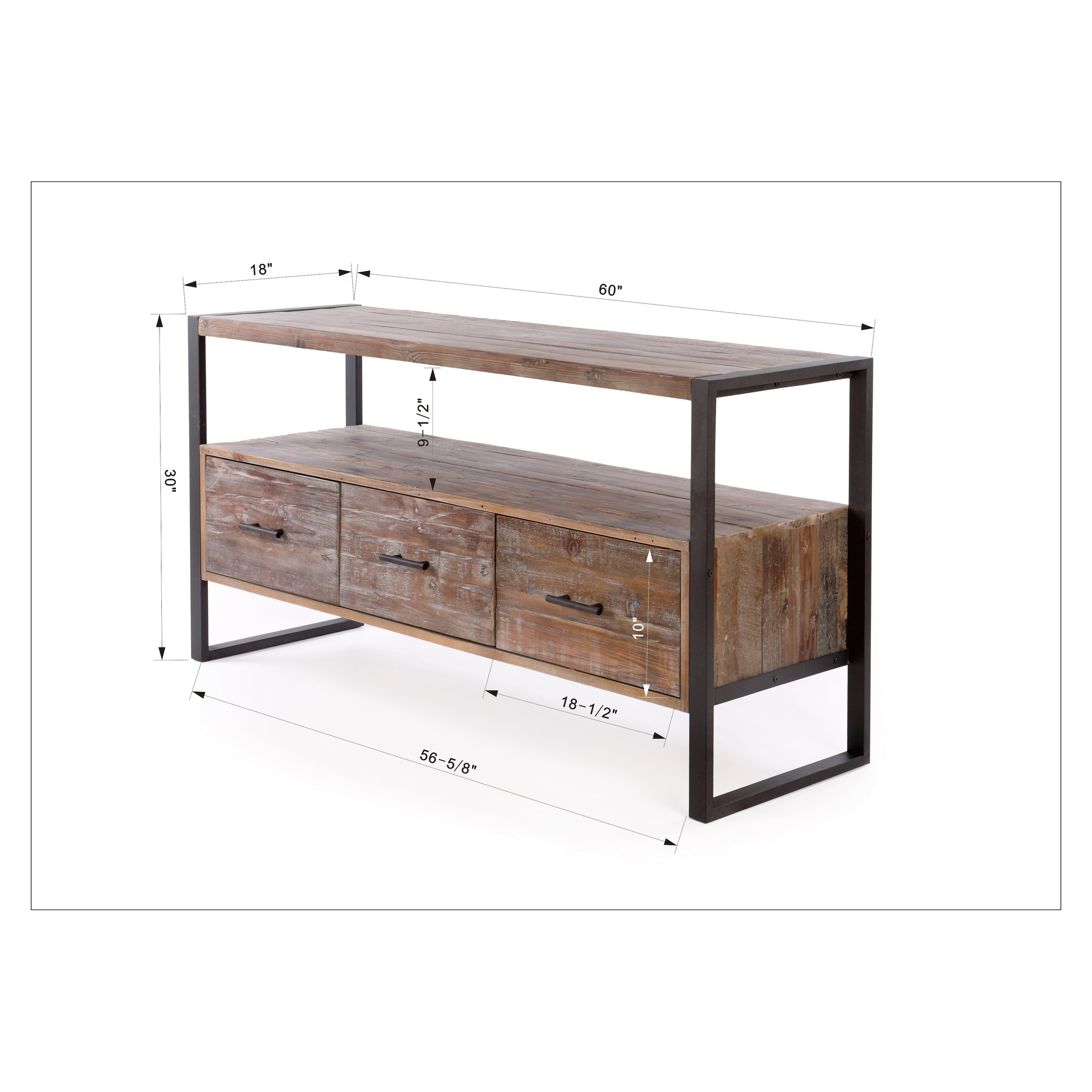 Rustic 60-Inch Reclaimed Wood TV Console Table with 3 Drawers