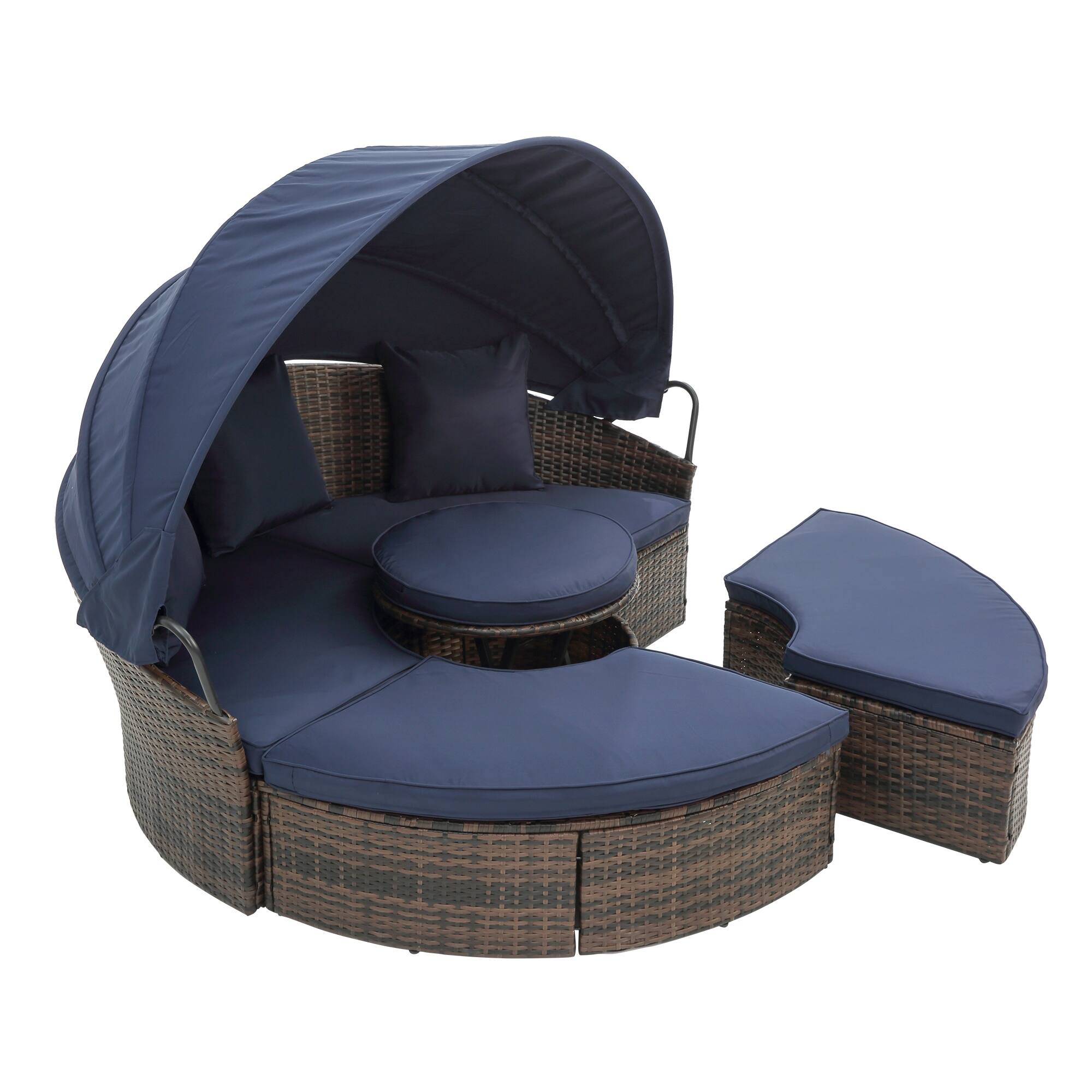 Outdoor Rattan Round Lounge Sofa Bed with Canopy and Lift Coffee Table