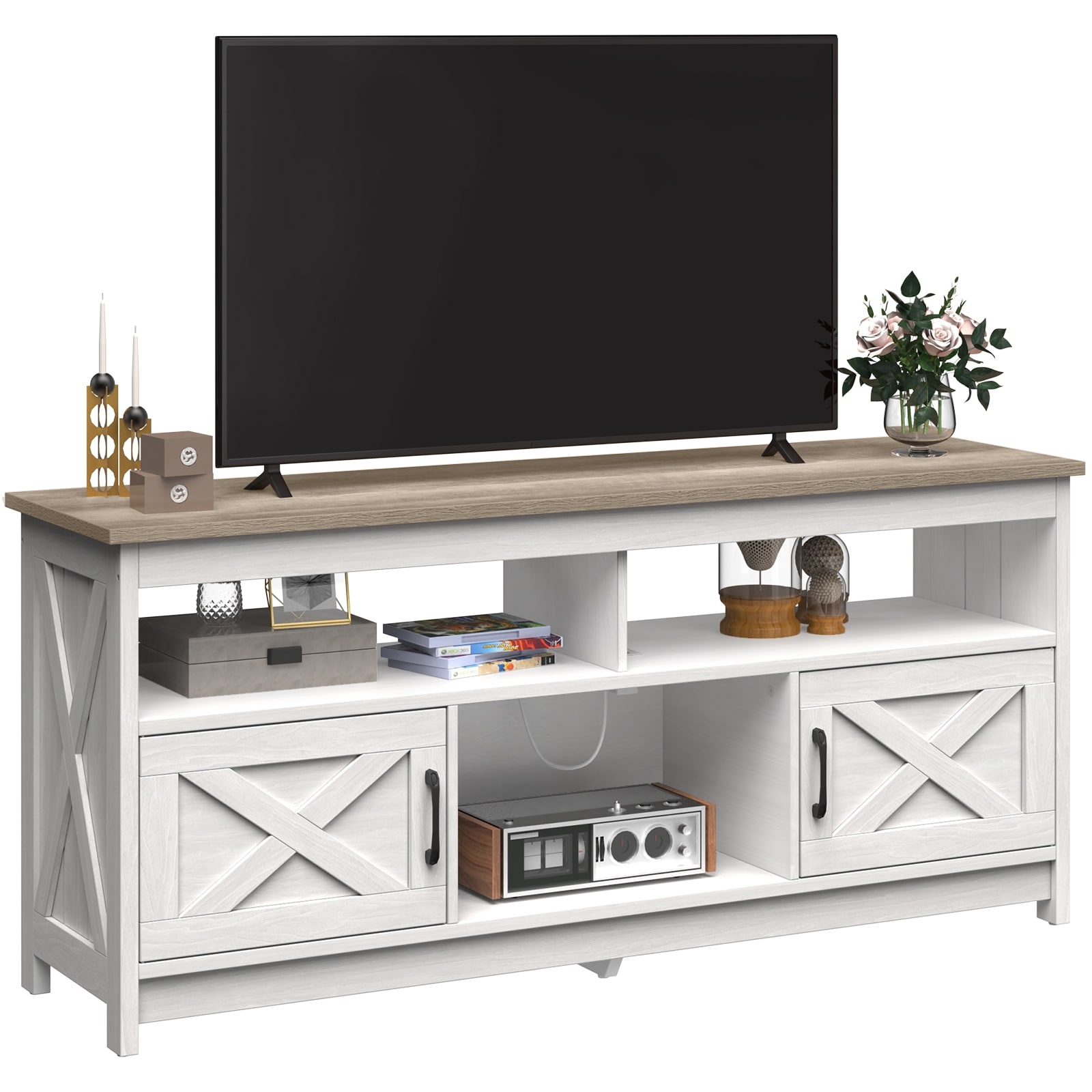 Farmhouse TV Stand for up to 65" TV with Doors and Open Shelves Media Console Power Outlet
