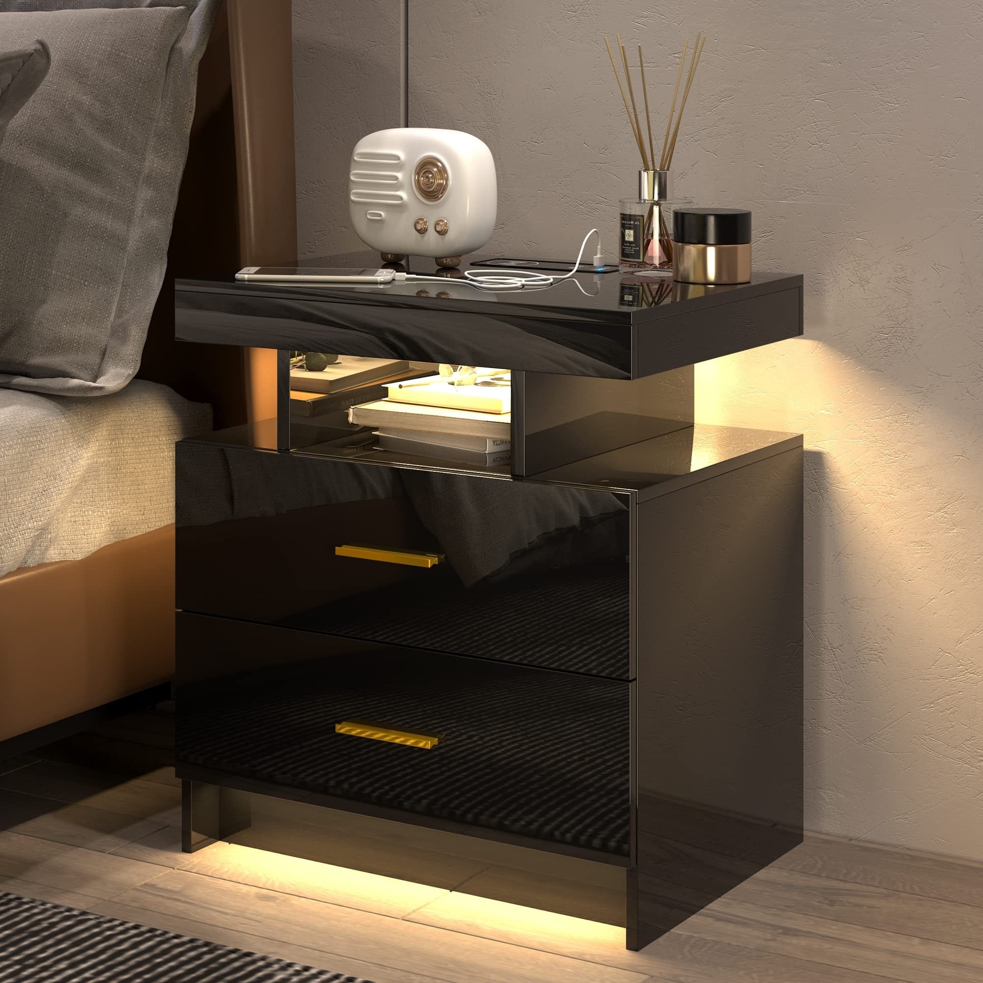 Nightstand with Wired/Wireless Charging Station, High Gloss Auto LED Lighting Bedside Tables with Drawers, Black Night Stand