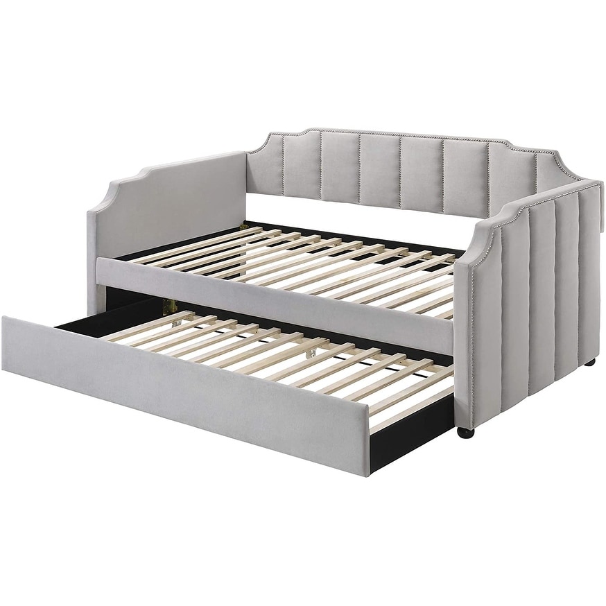Contemporary Slat Daybed & Trundle (Twin Size) Dove Gray Velvet Upholstered Sofa Bed