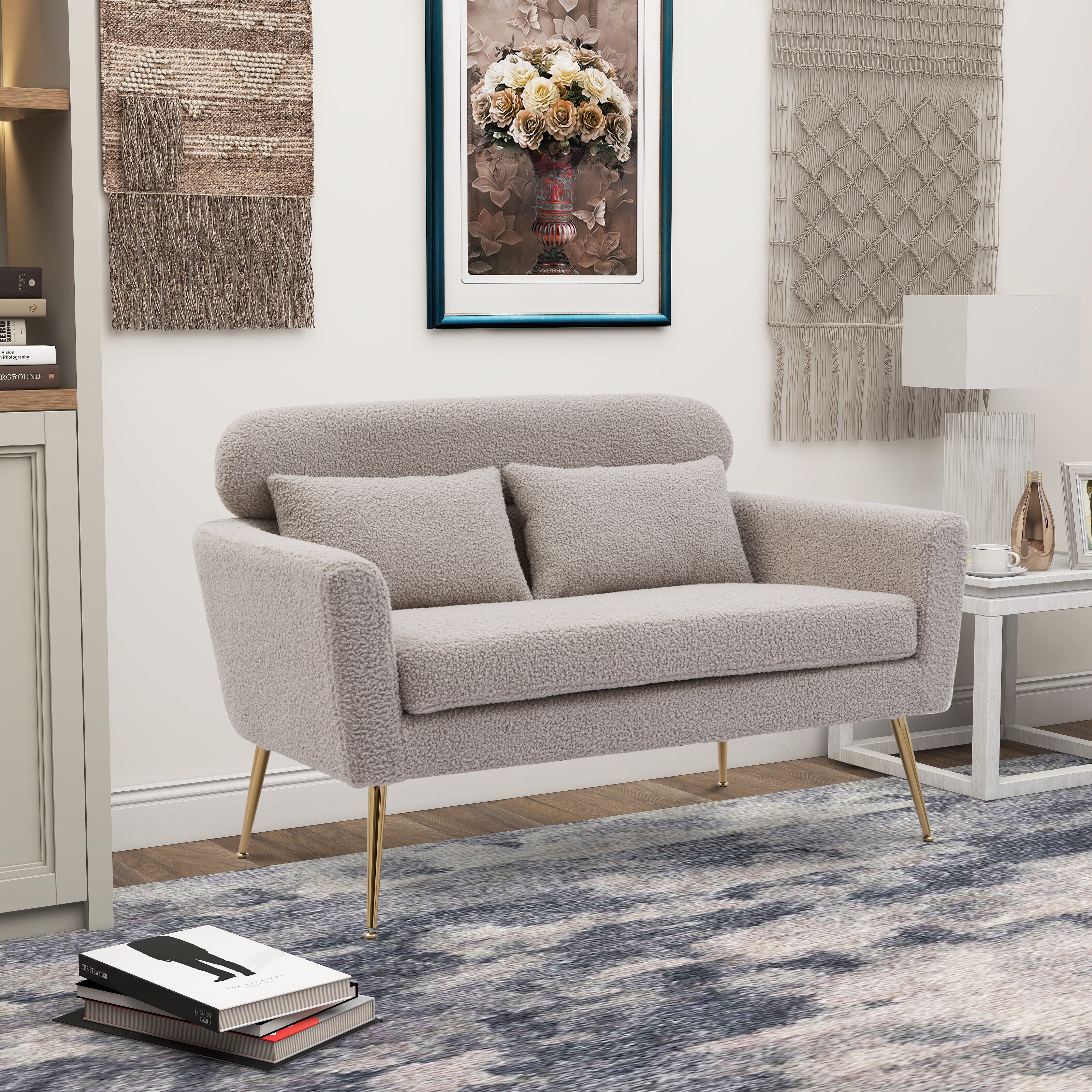 Boucle Loveseat Small Sofa Small Mini Room Couch Two-seater Sofa Padded Seat Arm Chairs with 2 Throw Pillows and Metal Legs