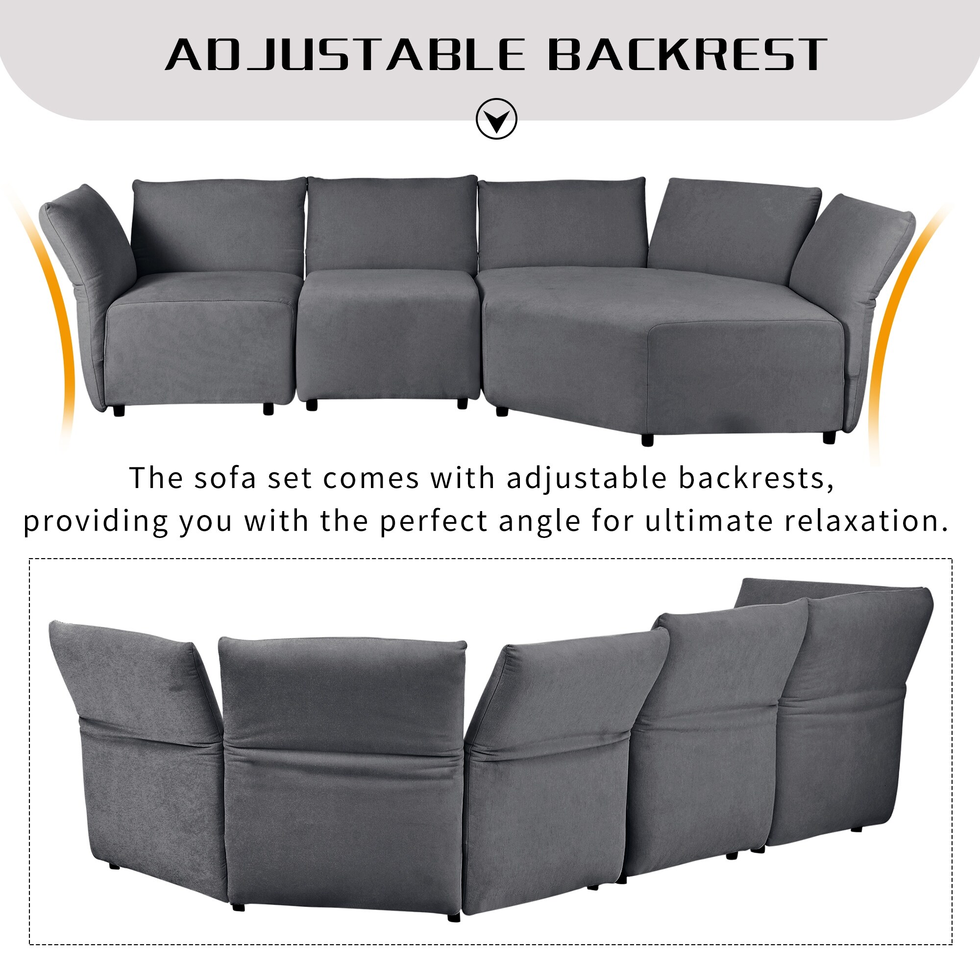 Stylish Sectioanl Modular Sofa Set with Adjustable Backrest, Gray