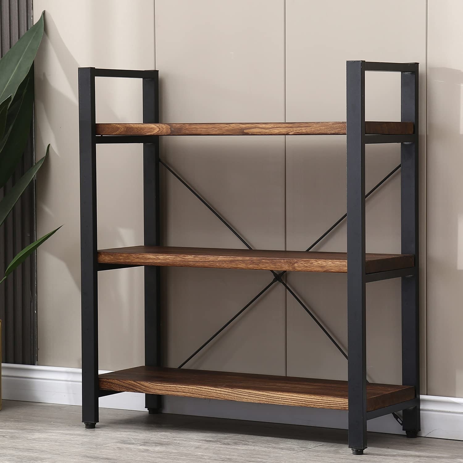 3 Tier Bookcase, Solid Wood Bookshelf Rustic Vintage Industrial Etagere Bookcase, Metal and Wood