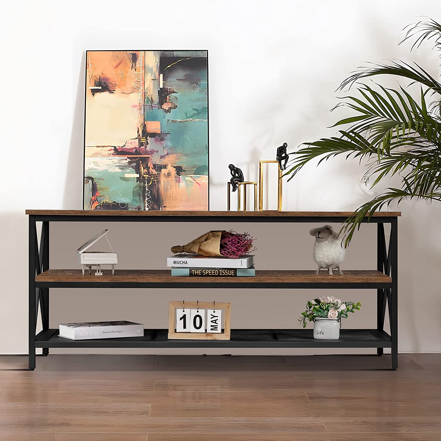 Wood TV Stand for 55 Inch TV, 47 Inch Long Metal Low TV Table with Adjustable Leg, Unique Rustic Storage Shelve for Living Room