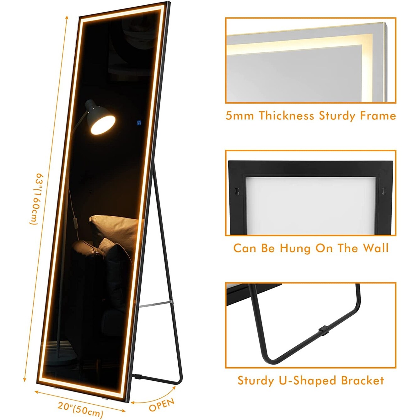 Full Length Mirror with LED Lights, Free Standing Lighted Floor Mirror, Wall Mounted Hanging Mirror with Lights,Full Body Mirror