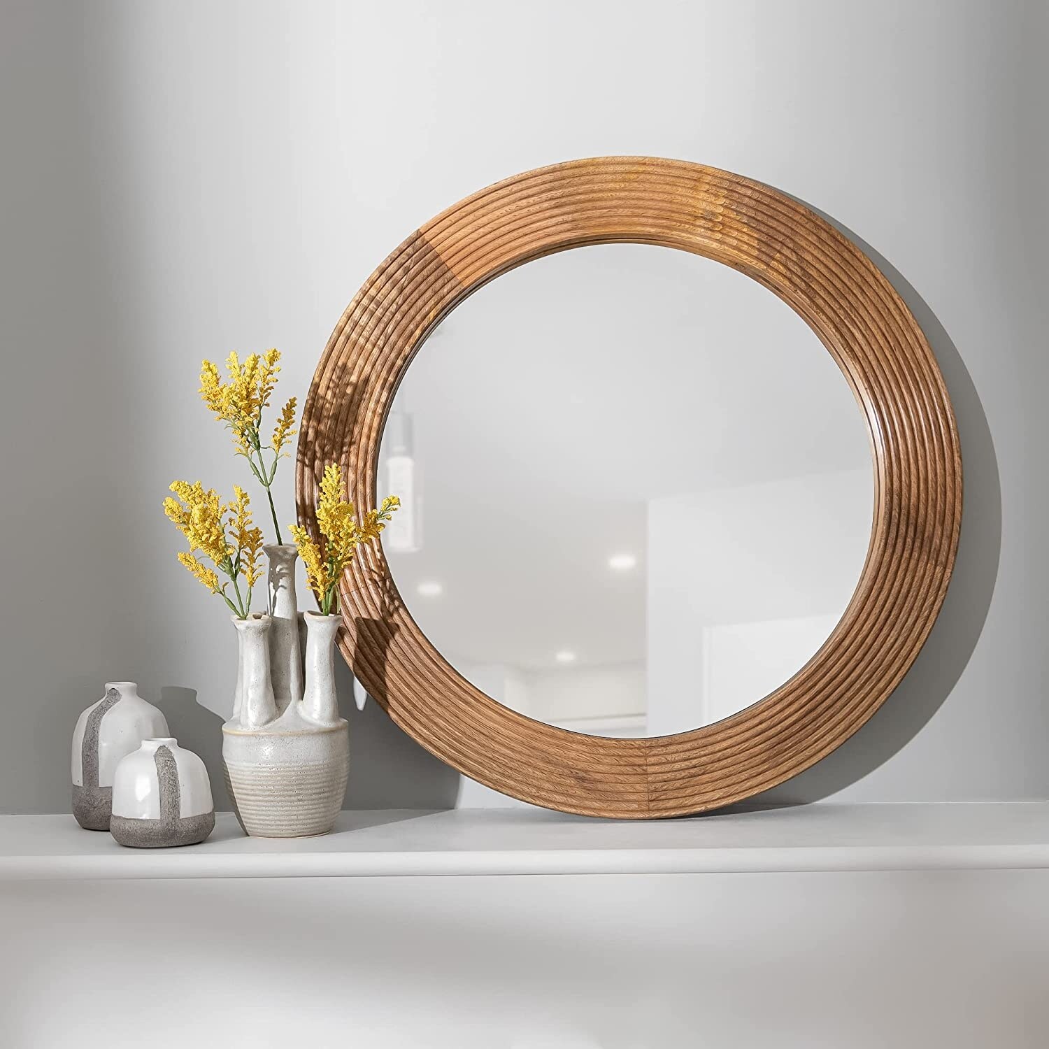 Aurora Home 23.5 Inch Channeled Round Natural Wood Frame Wall Mirror