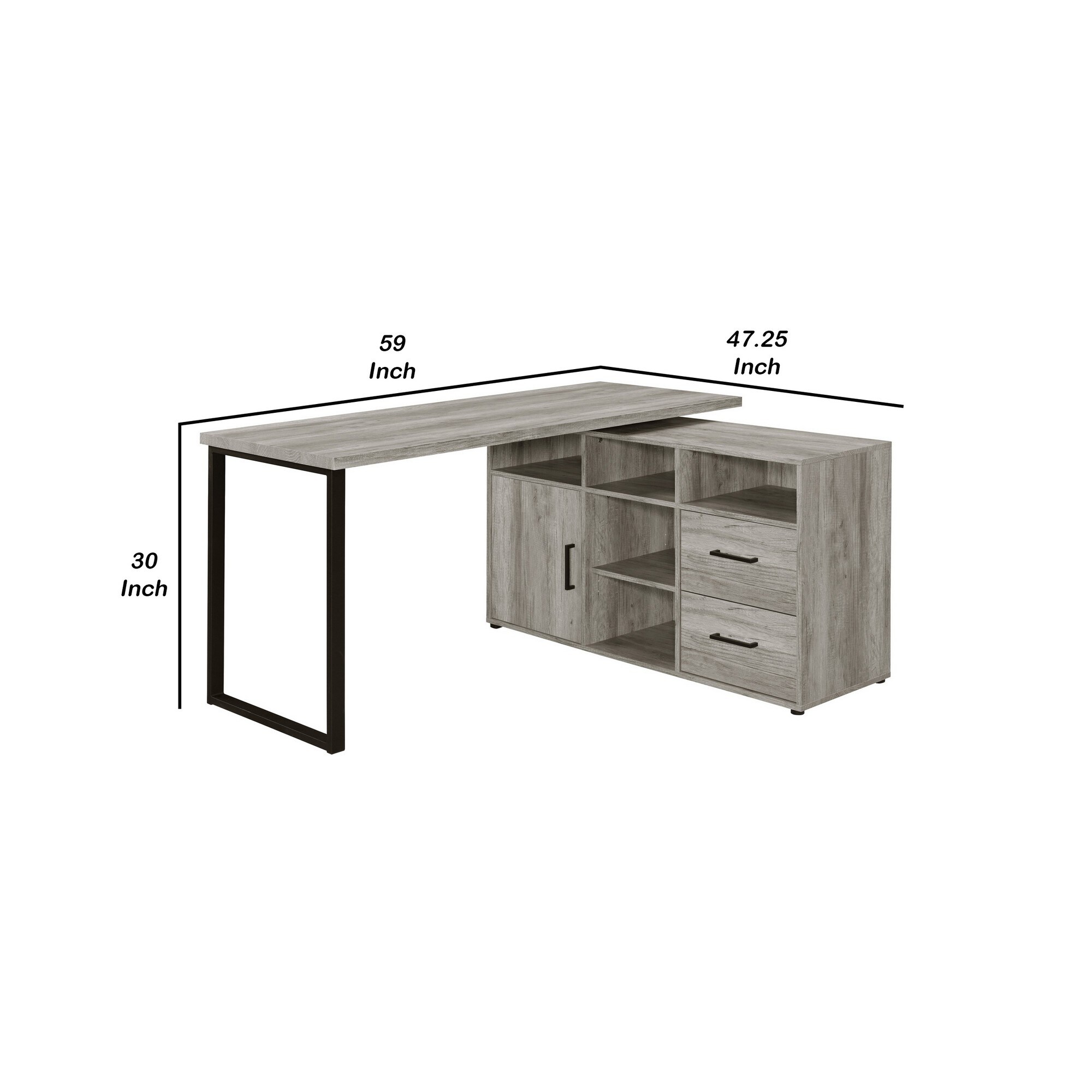 Luz 59 Inch L Shaped Office Desk, 2 Drawers, 5 Compartments, Gray Driftwood
