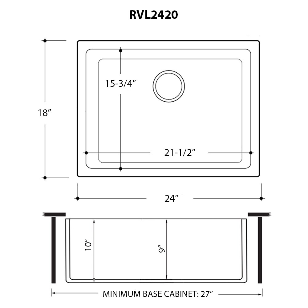Ruvati 24-inch Fireclay Undermount / Drop-in Topmount Kitchen Sink Single Bowl - Glossy Black - RVL2420BK - 24" x 18"