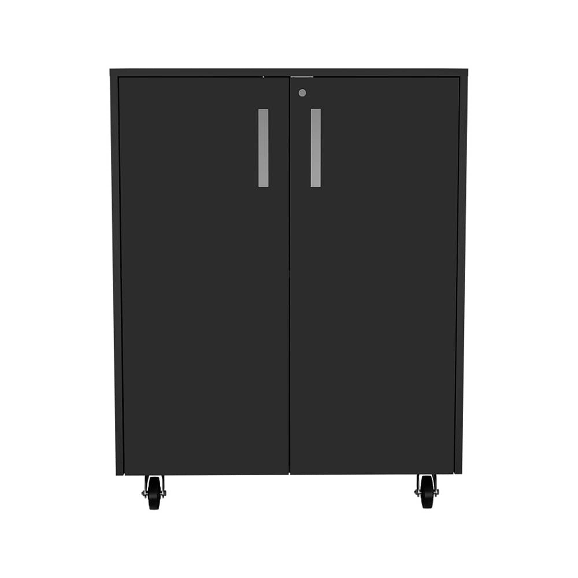 Kitchen Storage Cabinet, Casters, Double Door, Two Interior Shelves -Black