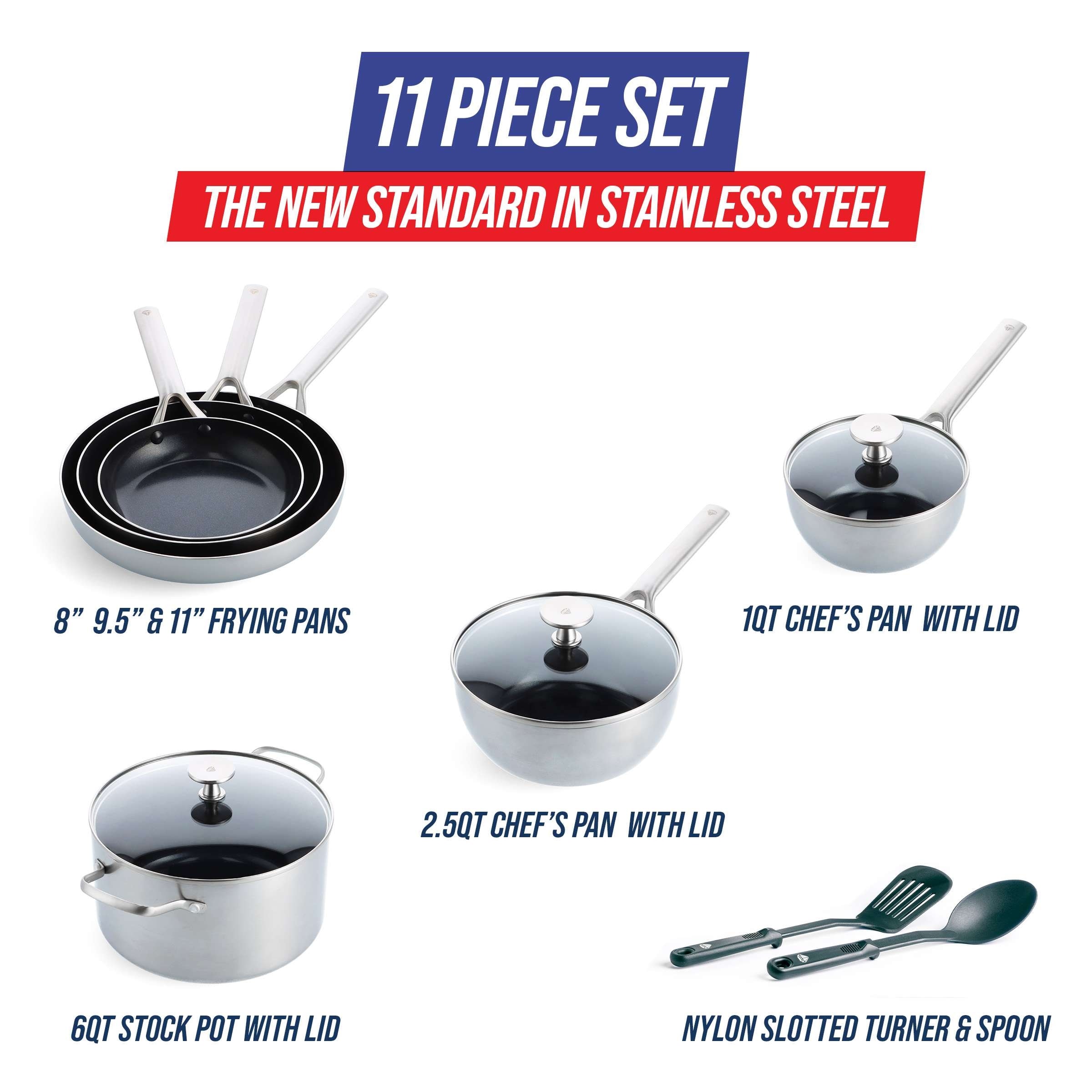 Blue Diamond Tri-Ply Stainless Steel Healthy Ceramic Nonstick 11pc Cookware Set