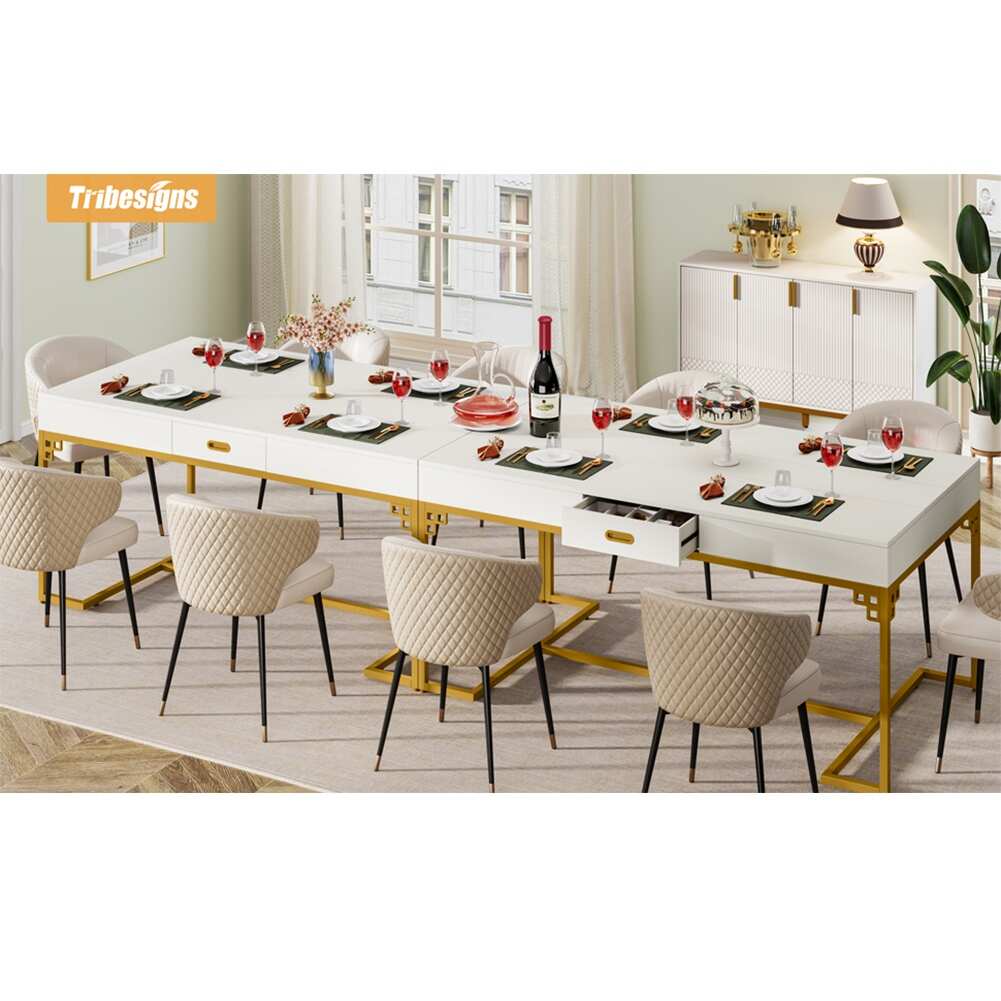 Modern White Dining Table for 4 to 6, 63" Rectangular Kitchen Table with 2 Drawers