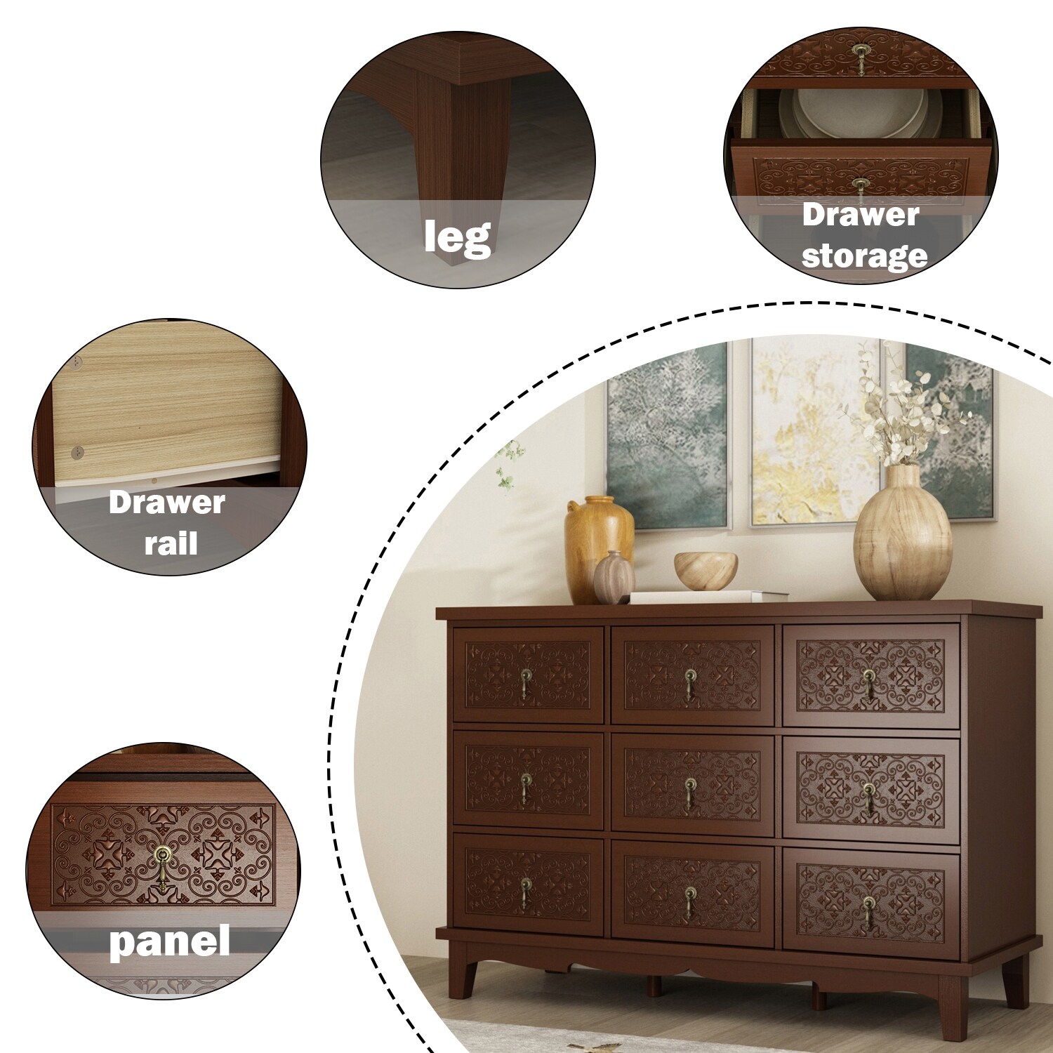 Dresser 9 Drawer, Modern Wood Bedroom Dresser TV Stand Storage Chest - 47.2"Wx32.5"H