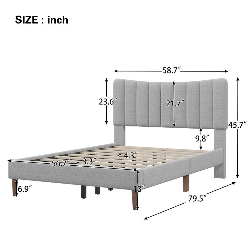 Linen Upholstered Platform Bed with Vertical Channel Tufted Headboard