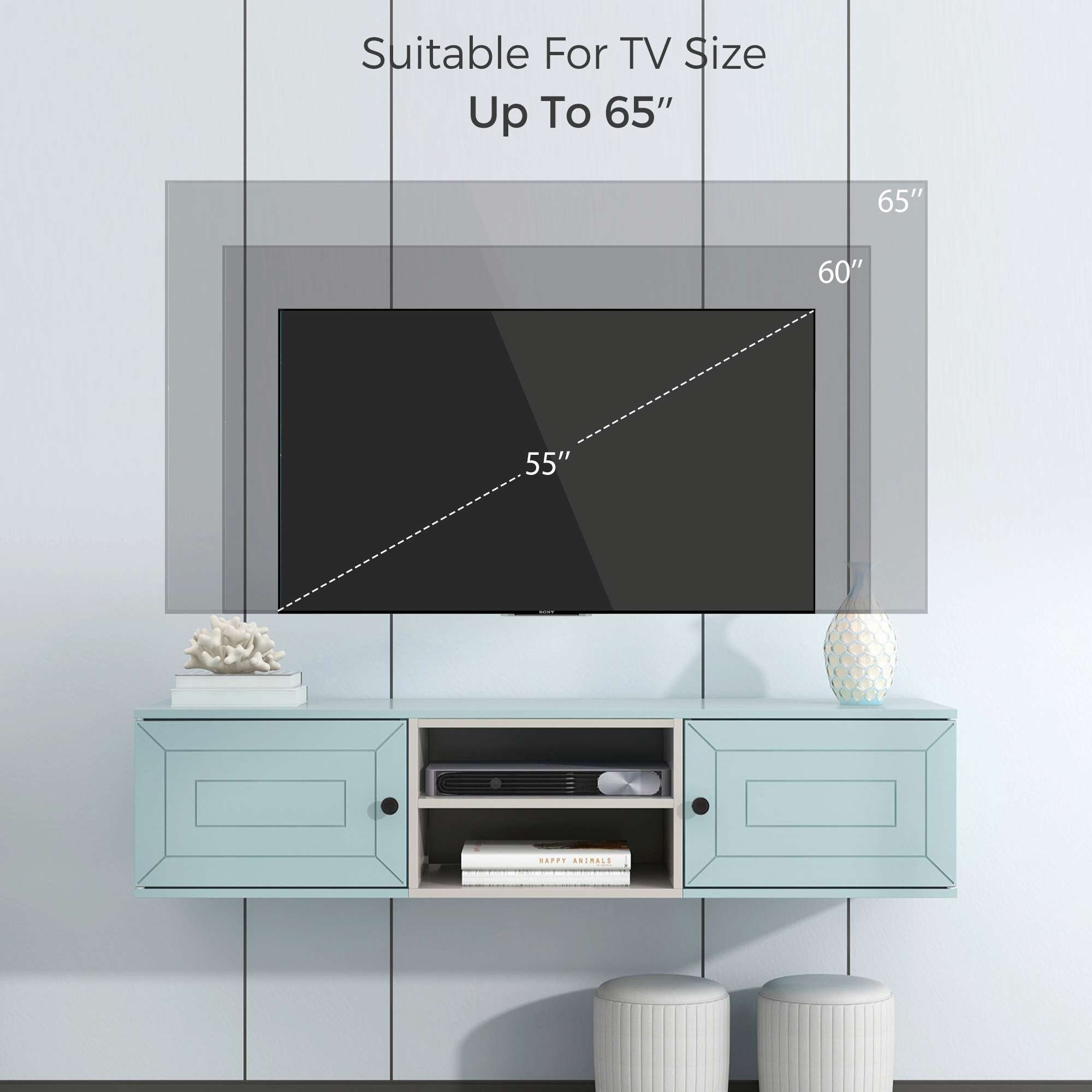 60" Floating TV Stand: Wall-Mounted, Ample Storage, Adjustable Shelves, Magnetic Door, Cable Management