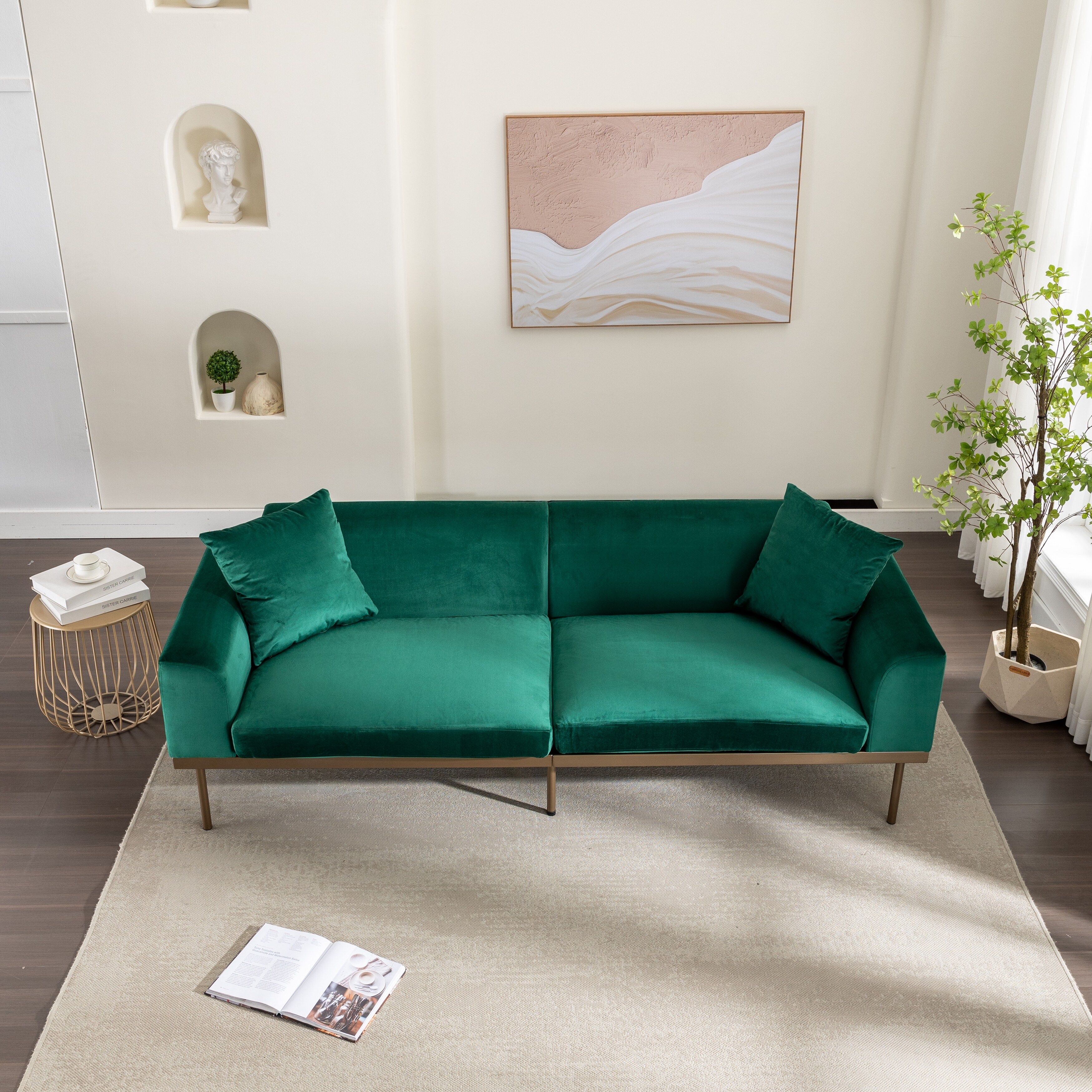 Modern Velvet Loveseat with Metal Legs, Sofa with Two Pillows