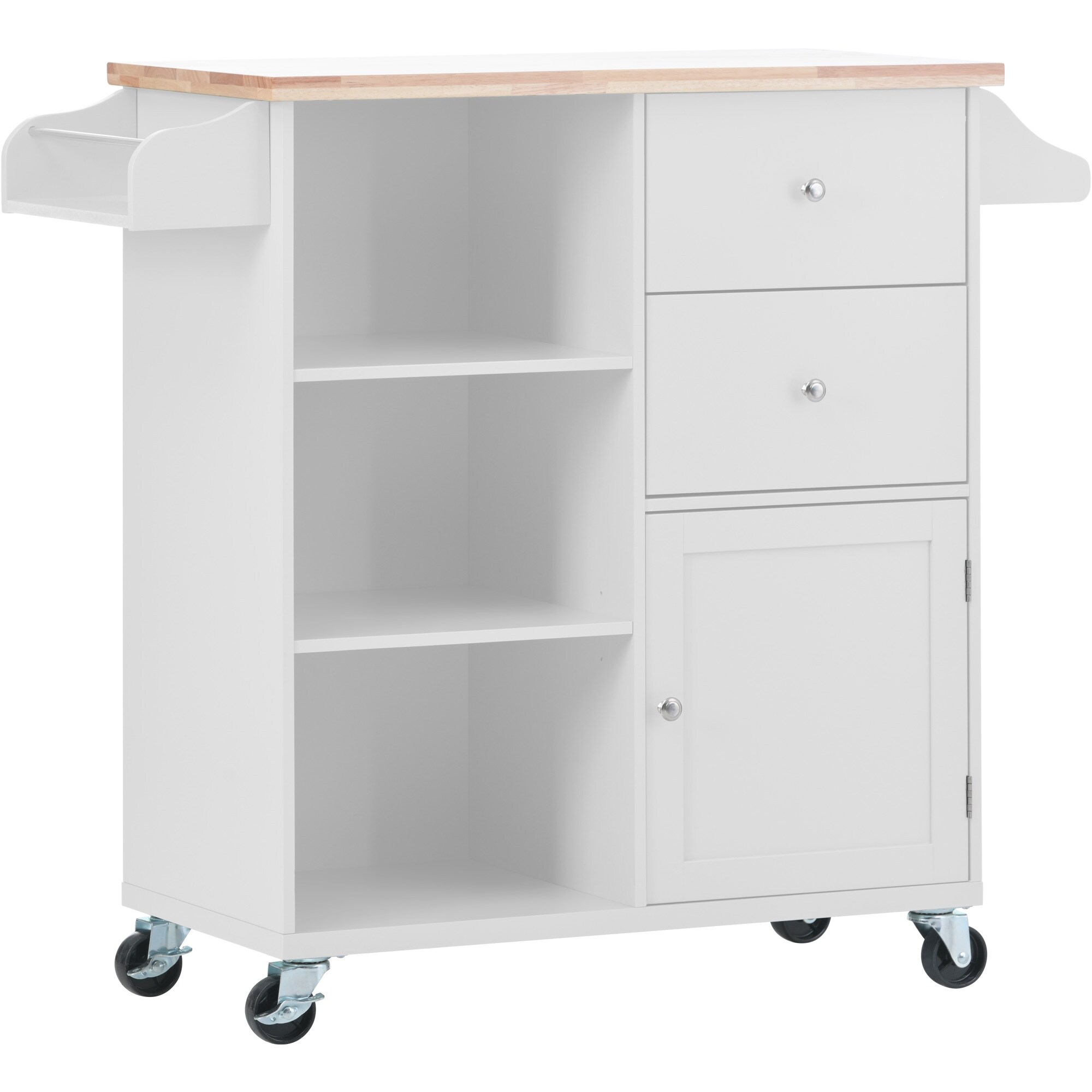 Store Kitchen Cart with Rubber Wood Top & Four Wheels, One Door & Two Drawers & Three Open Storages for Dining Rooms
