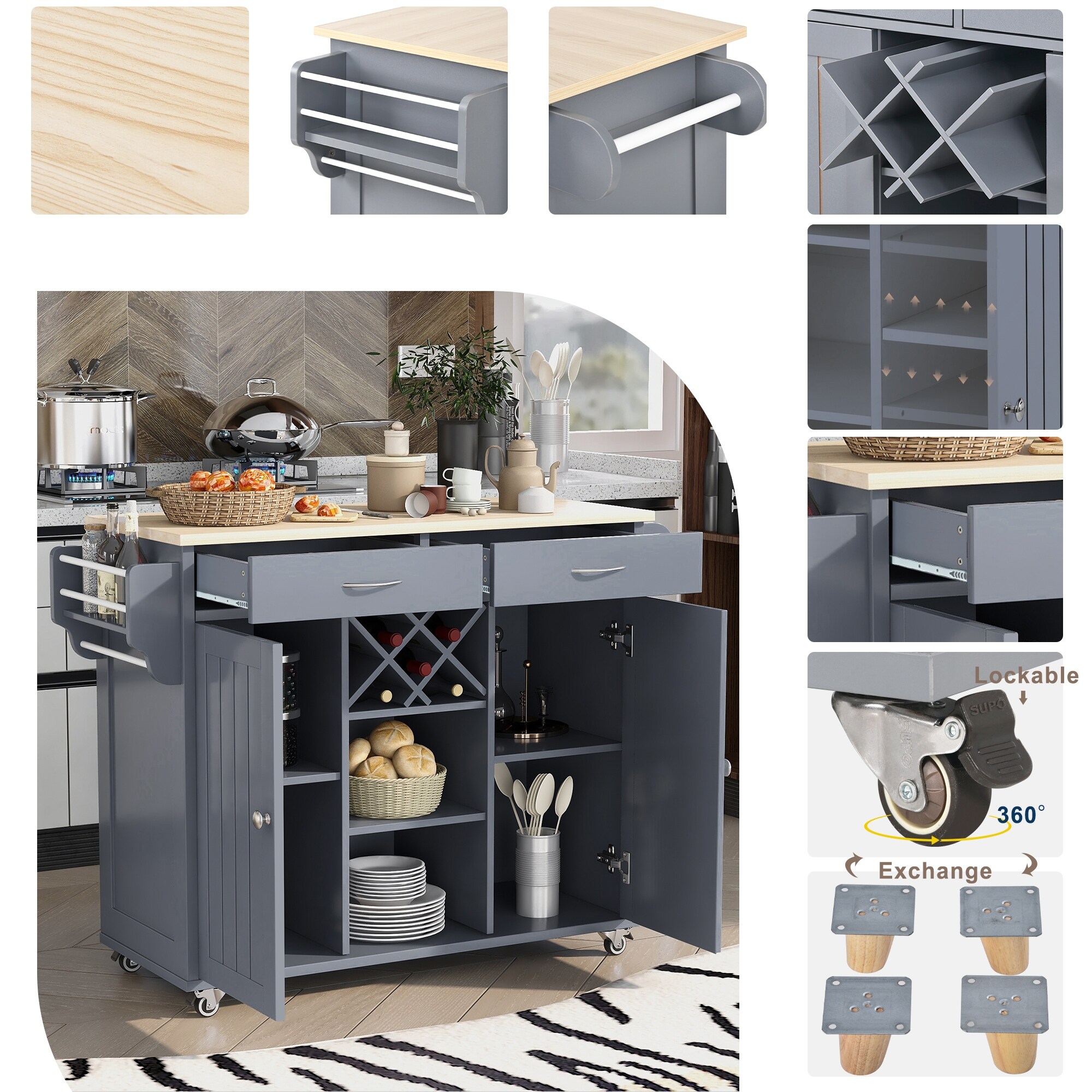 Modern Store Kitchen Island Cart with Two Storage Cabinets & Four Locking Wheels, Wine Rack, Two Drawers, Spice Rack, Towel Rack
