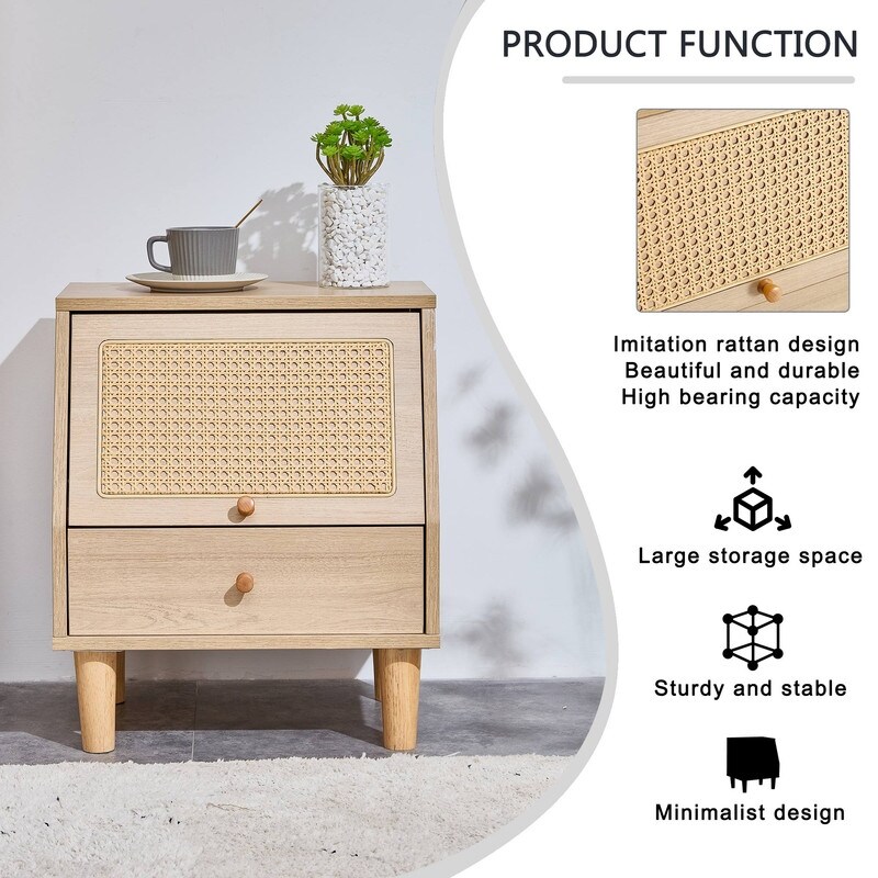 Modern Small Rattan Bedside Table 2 Drawers, Storage Cabinet