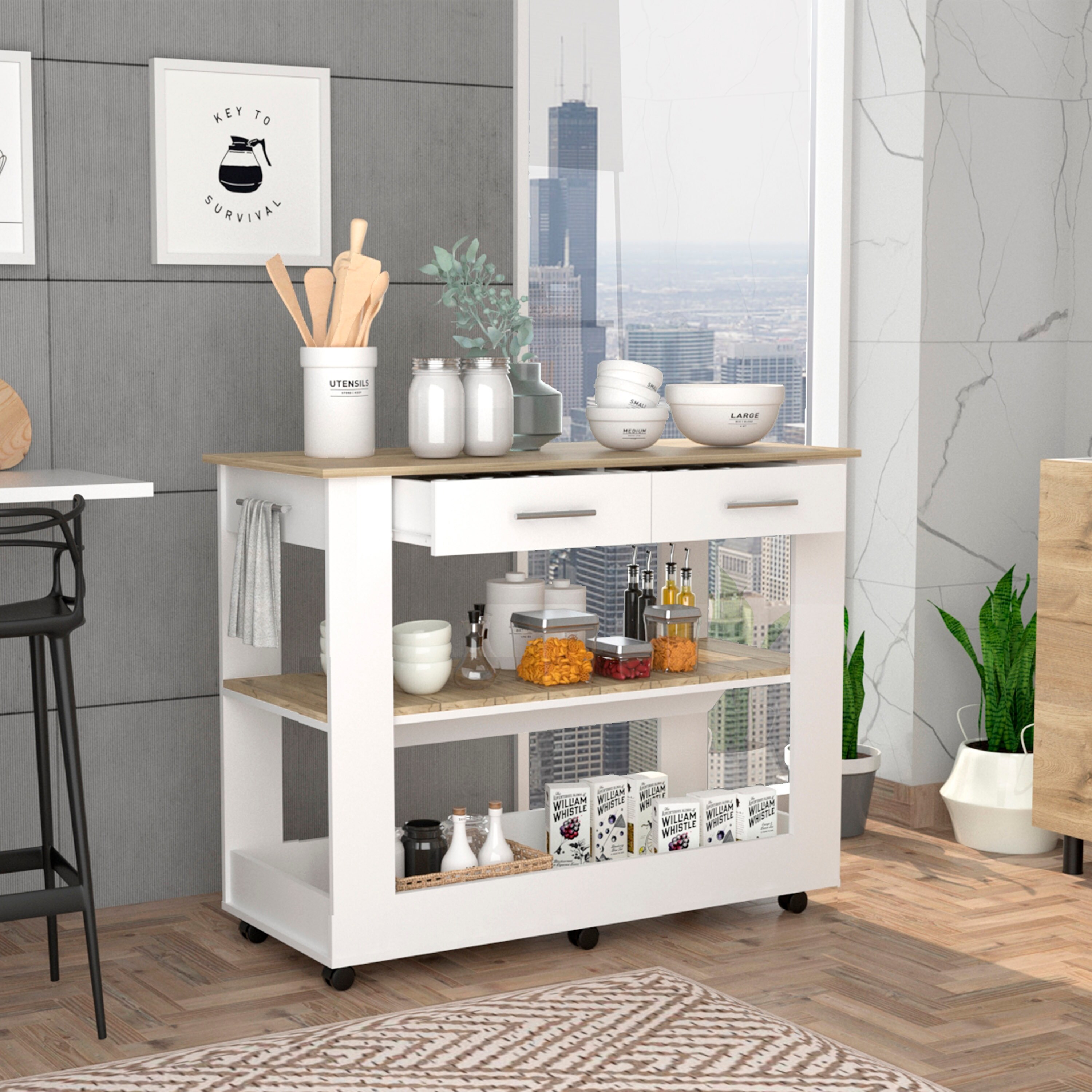 Kitchen Island Cart on Wheels, 3-Tiers Storage Cabinet with 2-Drawers 2-Spacious Storage Shelf, 40'' W Solid Wood Countertop