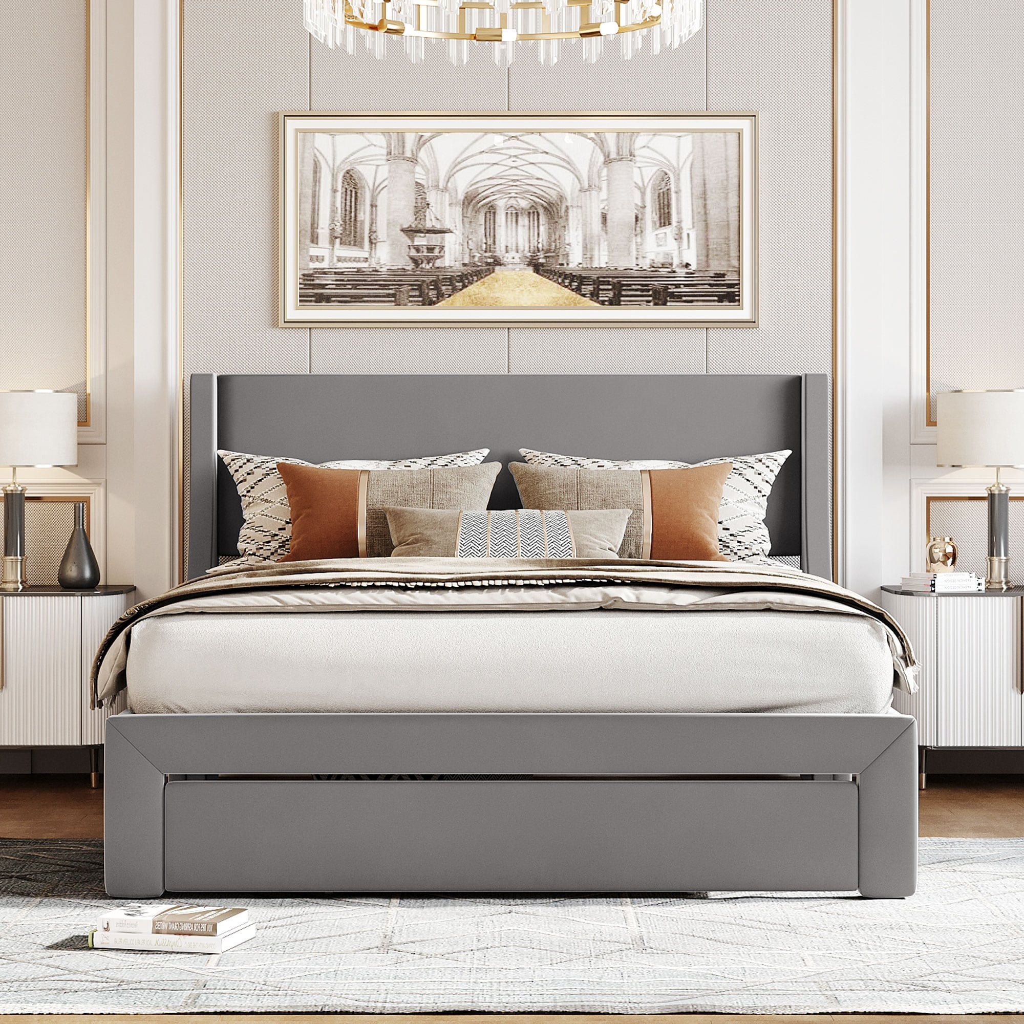 Velvet Upholstered Platform Bed with a Big Drawer