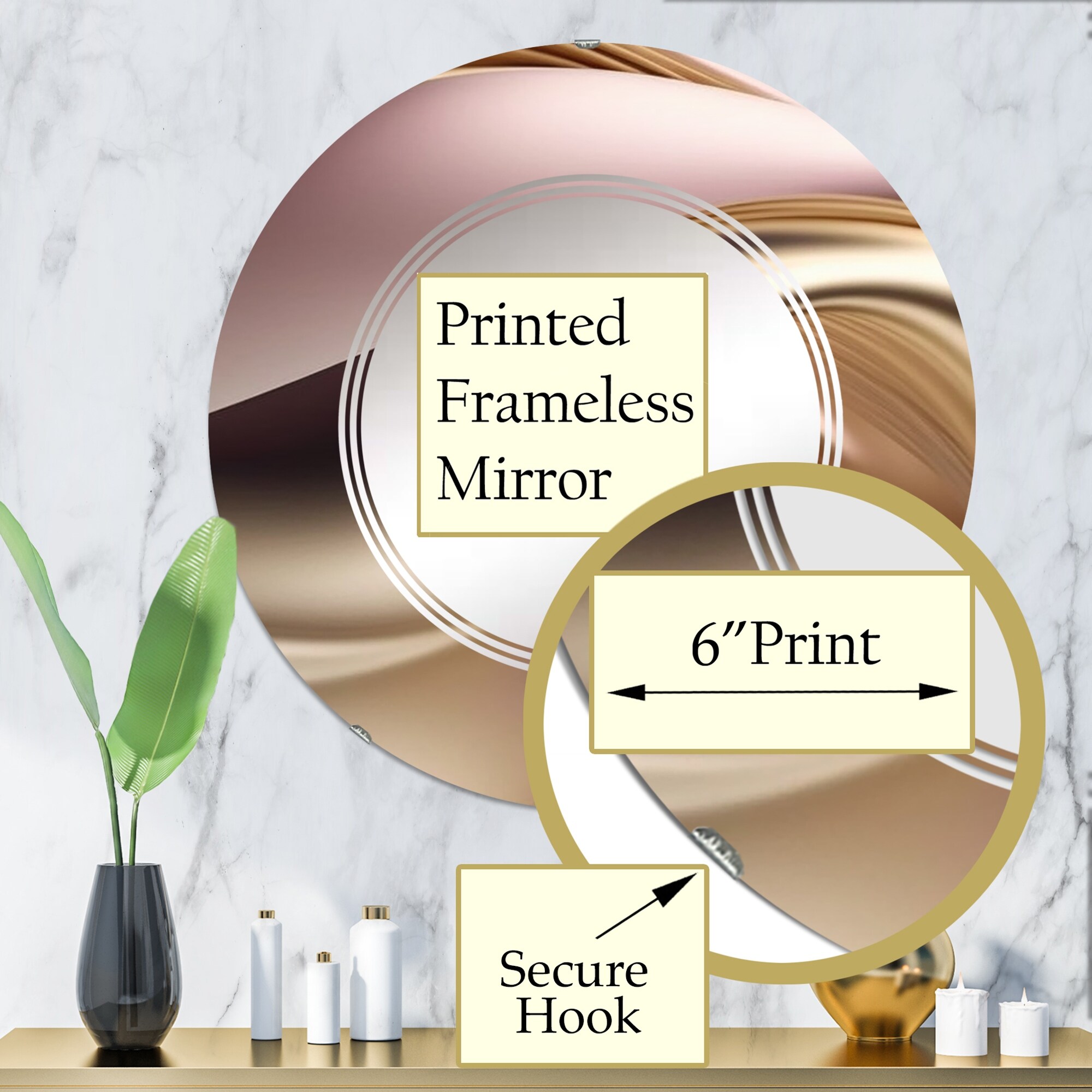 Designart 'Luscious Liquid Gold In Subdued Pink And Taupe V' Printed Abstract Liquid Ink Wall Mirror