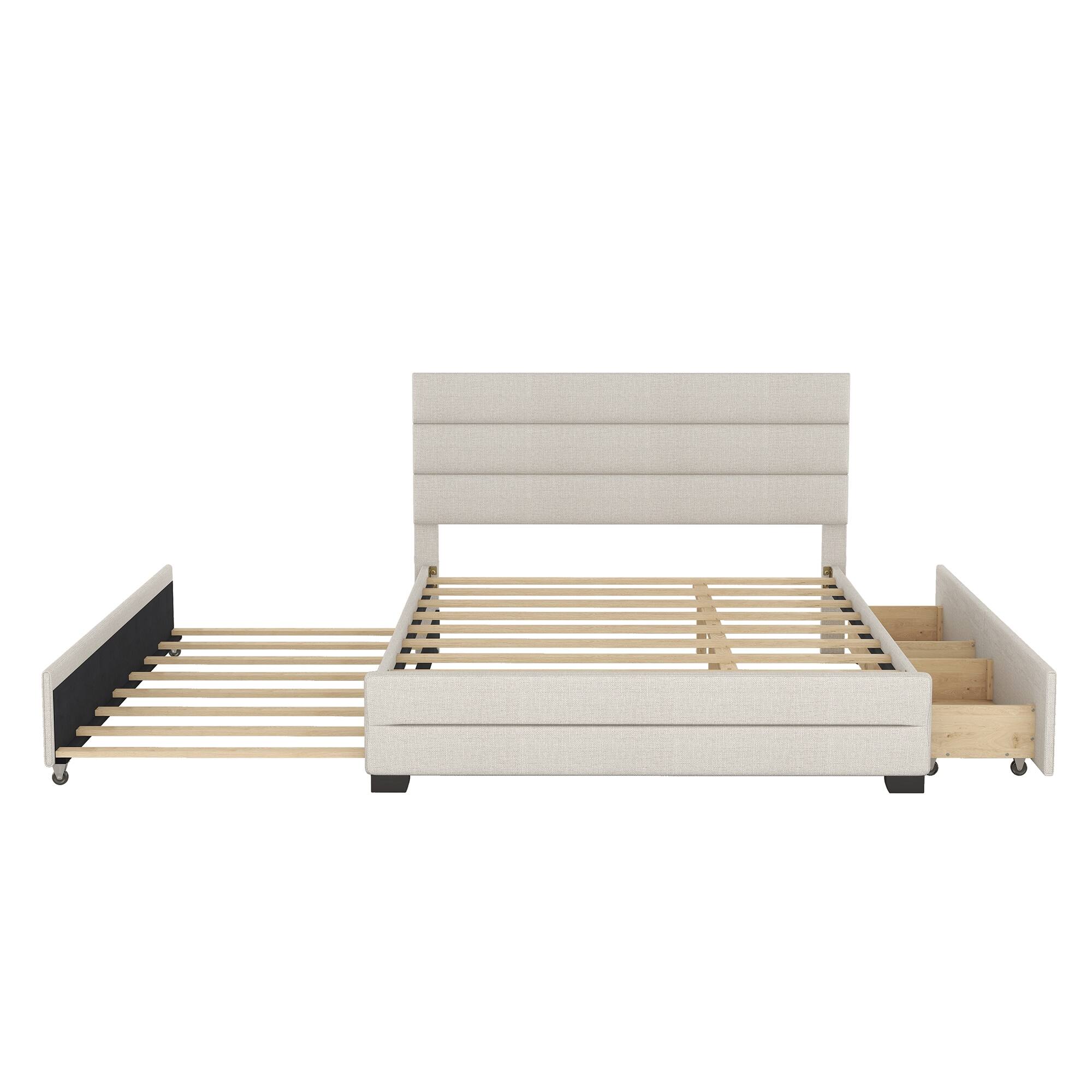 Queen Upholstered Platform Bed with Twi Trundle and 2 Drawers