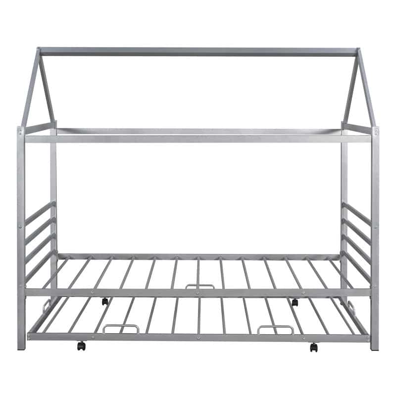 Twin Size Metal House Platform Bed with Trundle