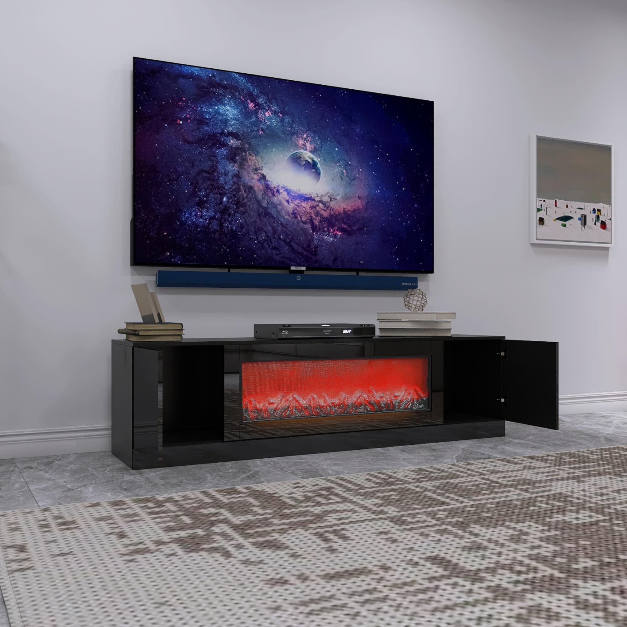 Modern TV Stand with 38" Insert Electric Fireplace for Up to 75" TV