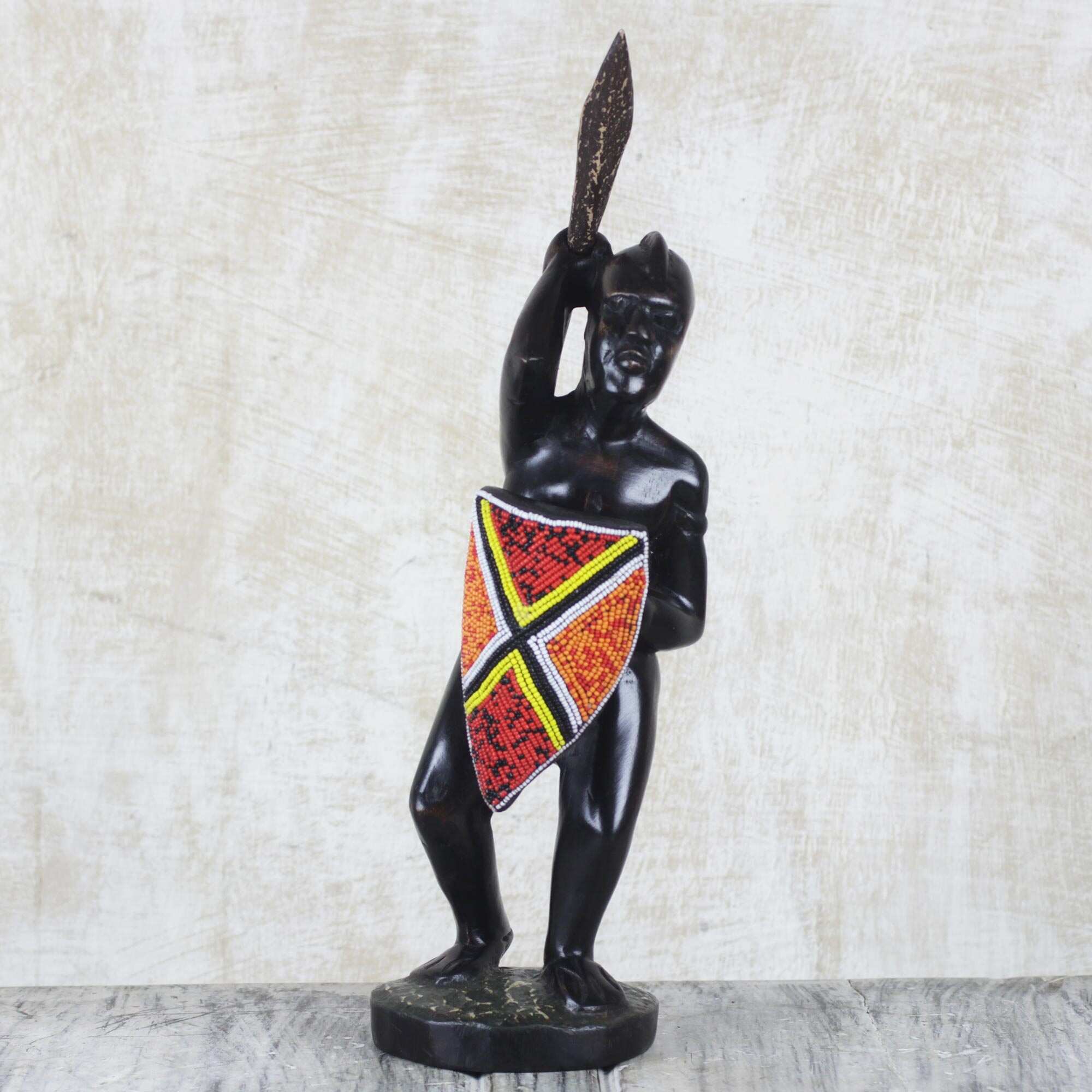 Novica Handmade African Warrior Beaded Wood Sculpture