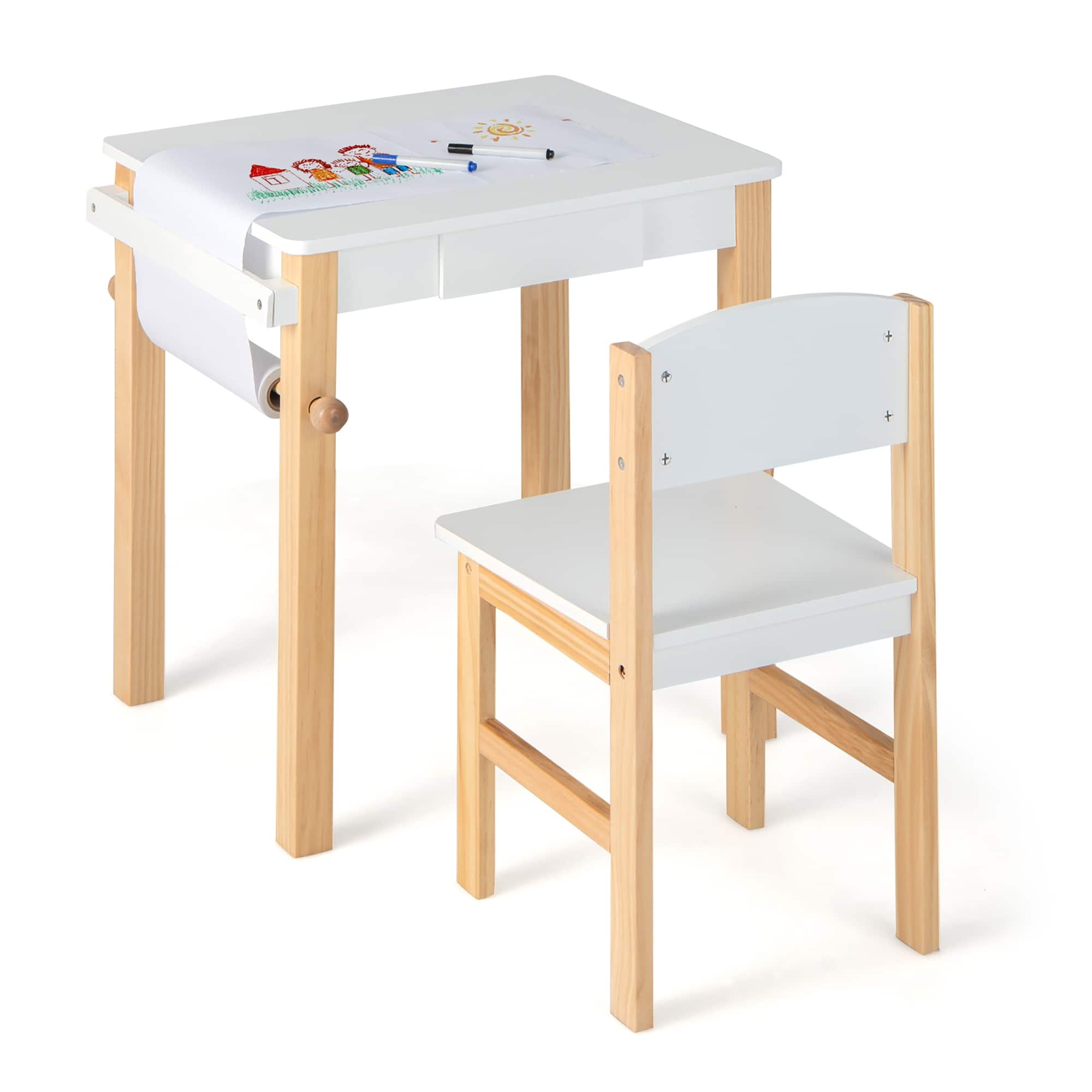 Kids Table and Chair Set Wooden Drawing Study Desk w Paper Roll Drawer