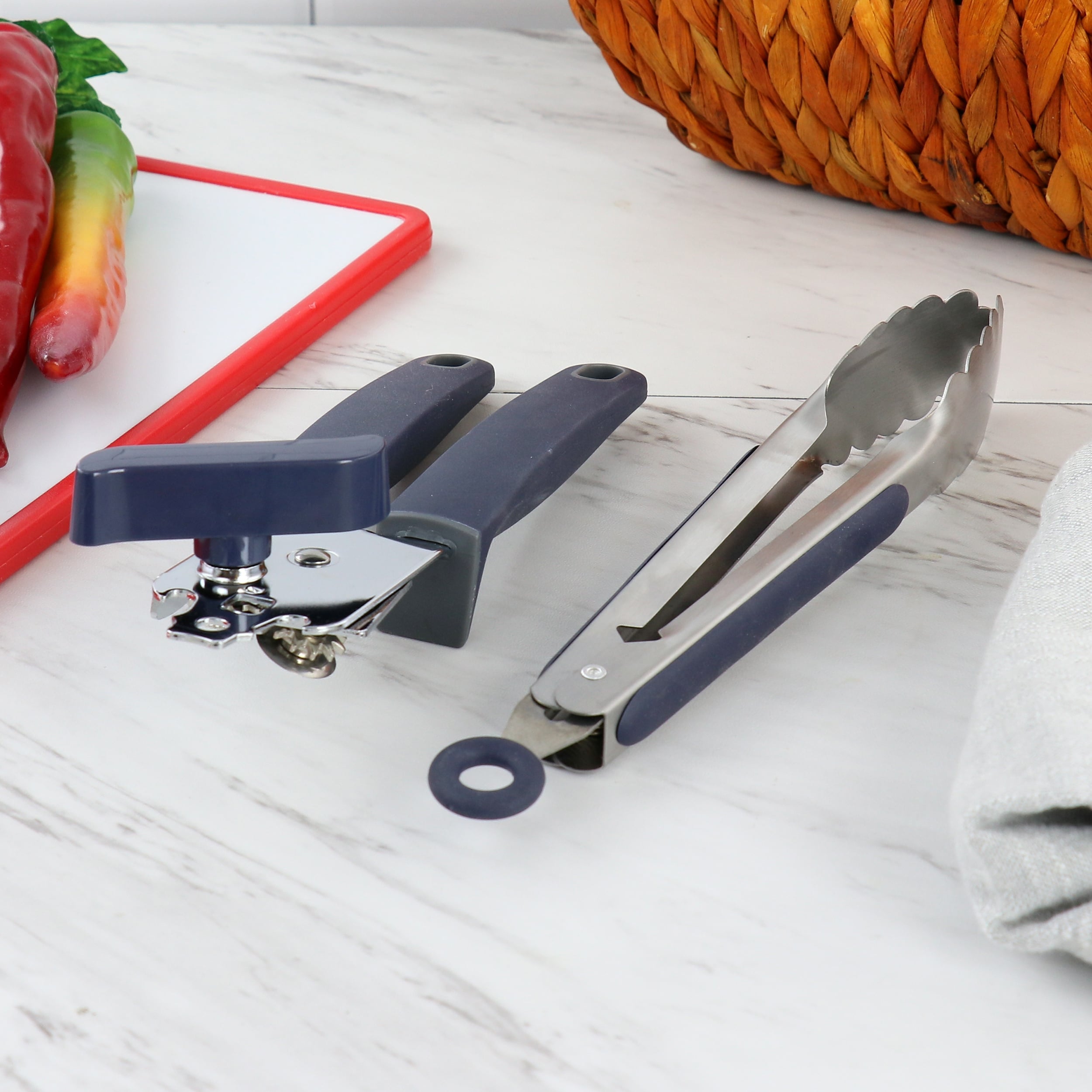 2 Piece Stainless Steel Can Opener and Tongs Set in Navy Blue